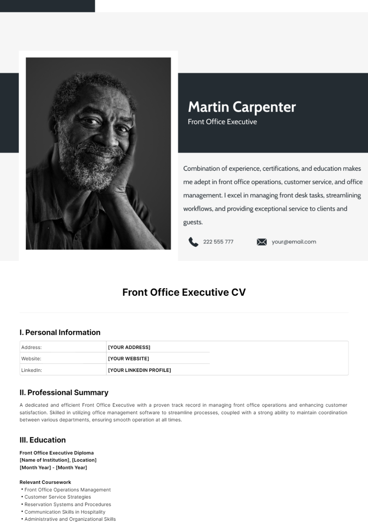 Free Front Office Executive CV Template
