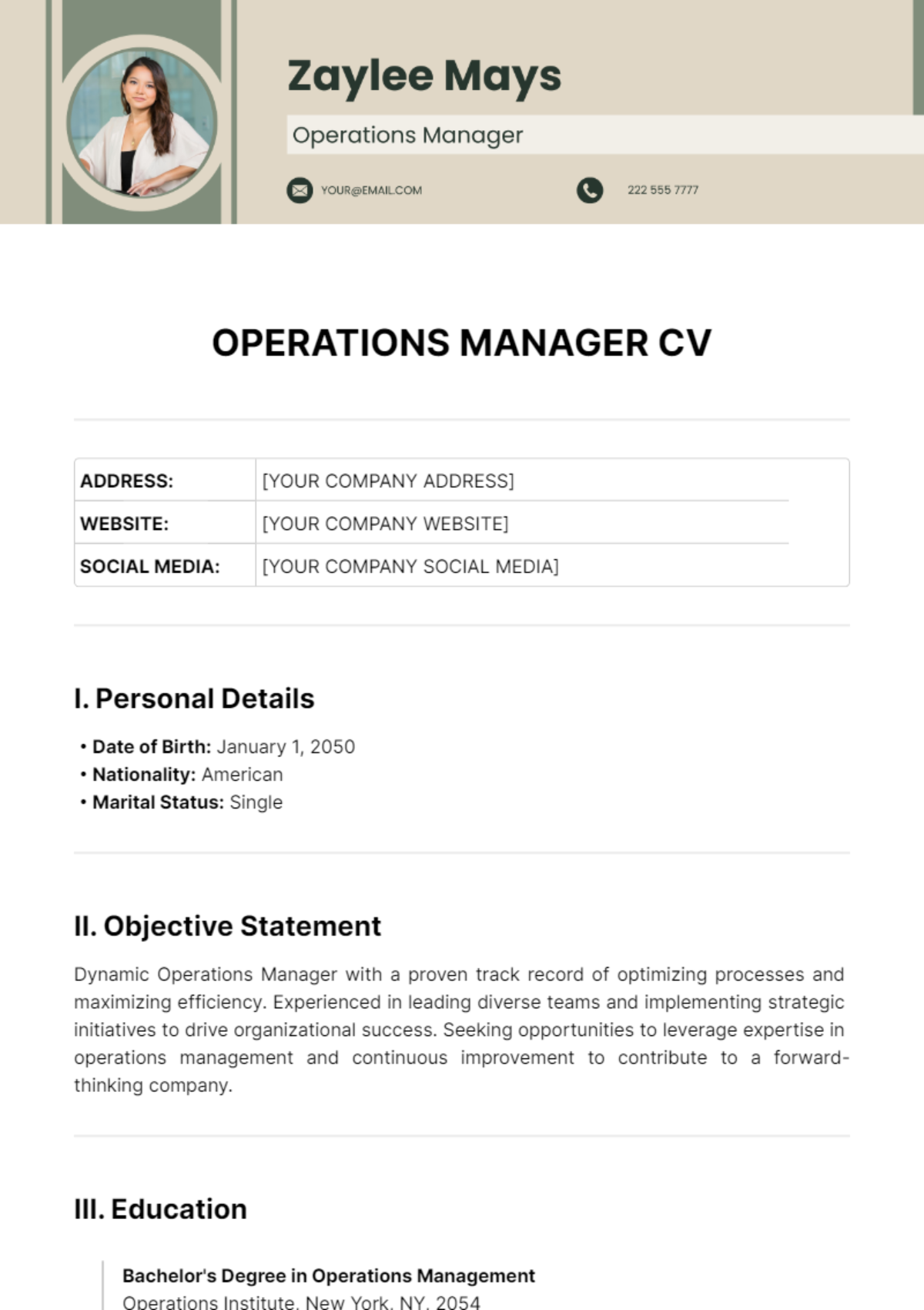 Operations Manager CV Template - Edit Online & Download