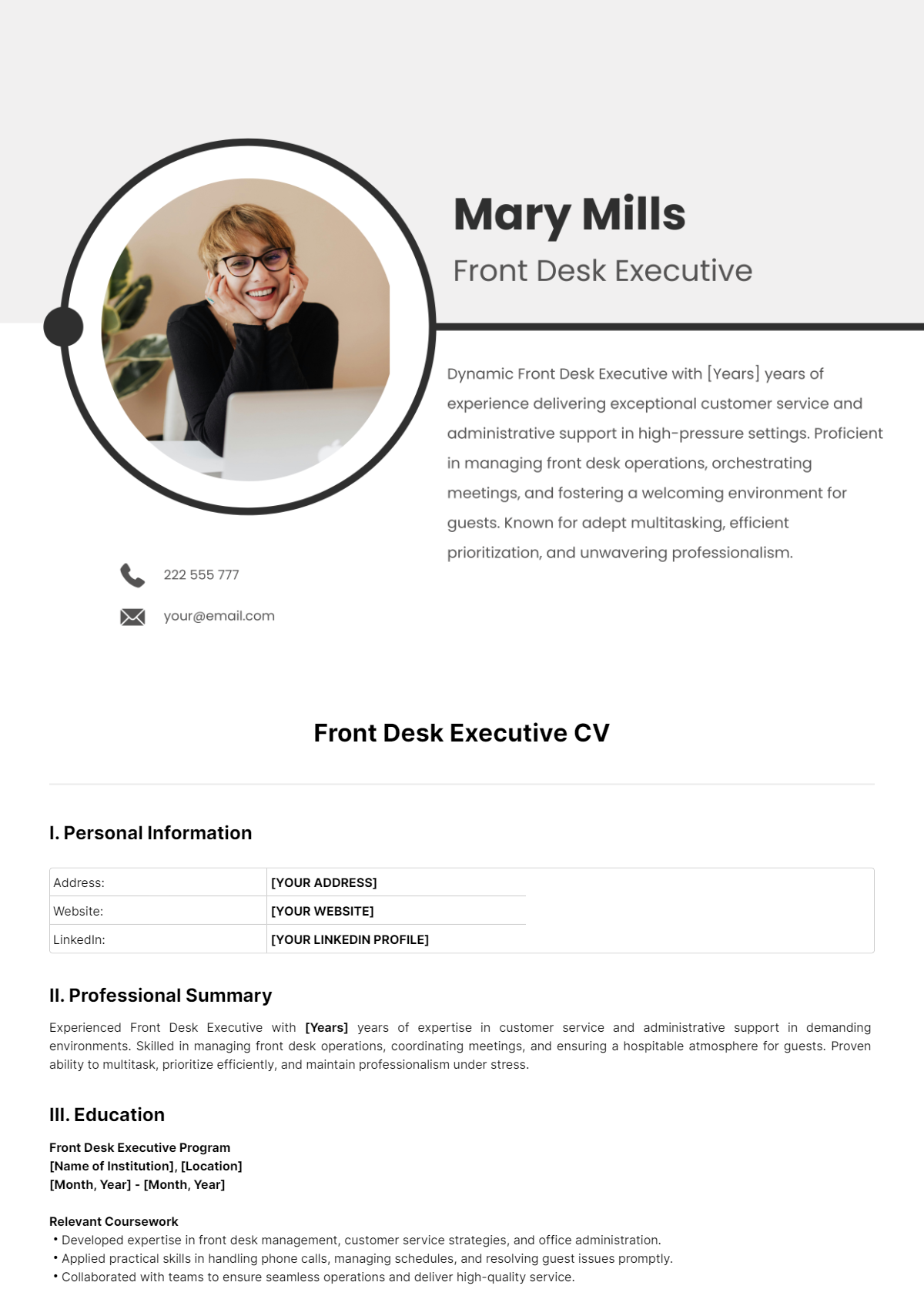 Free Front Desk Executive CV Template - Edit Online & Download ...