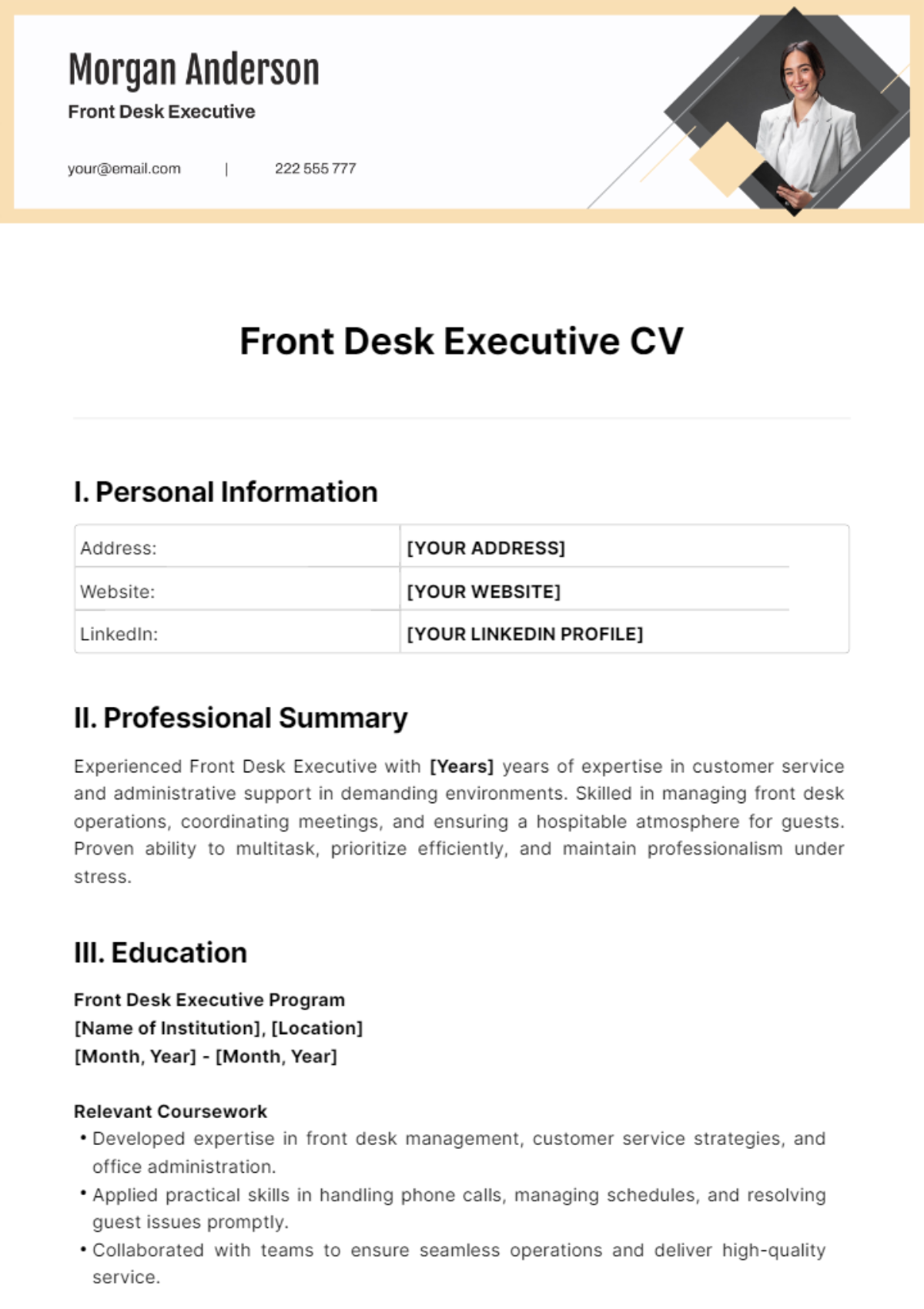 Free Front Desk Executive CV Template