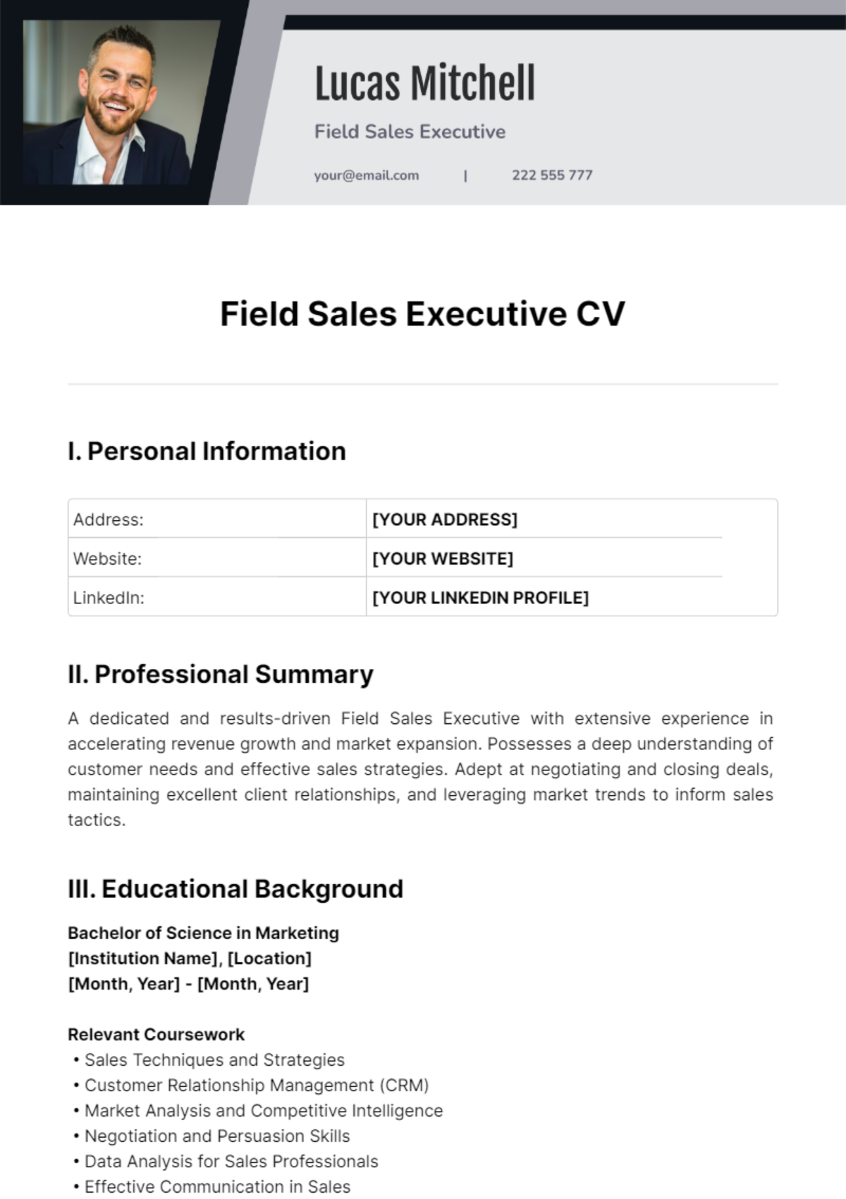 Field Sales Executive CV Template - Edit Online & Download