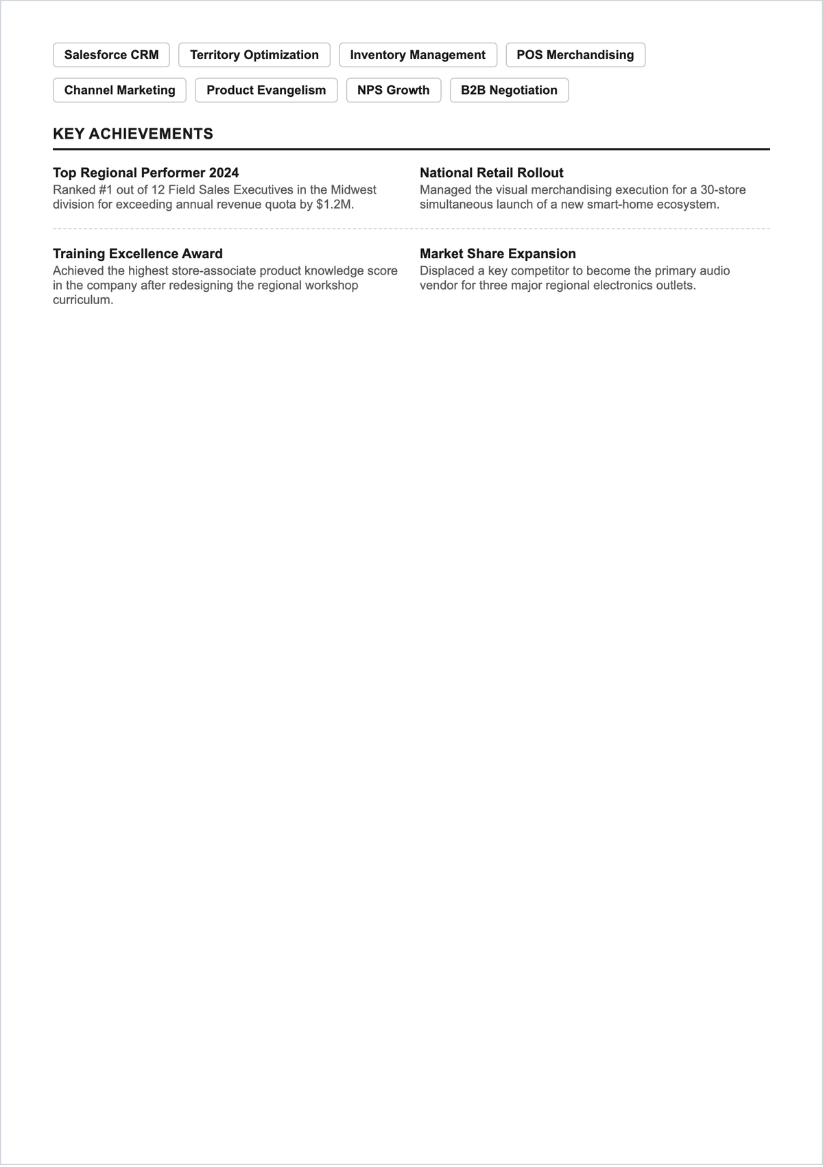 Free Field Sales Executive ATS CV Template, AI CV Builder