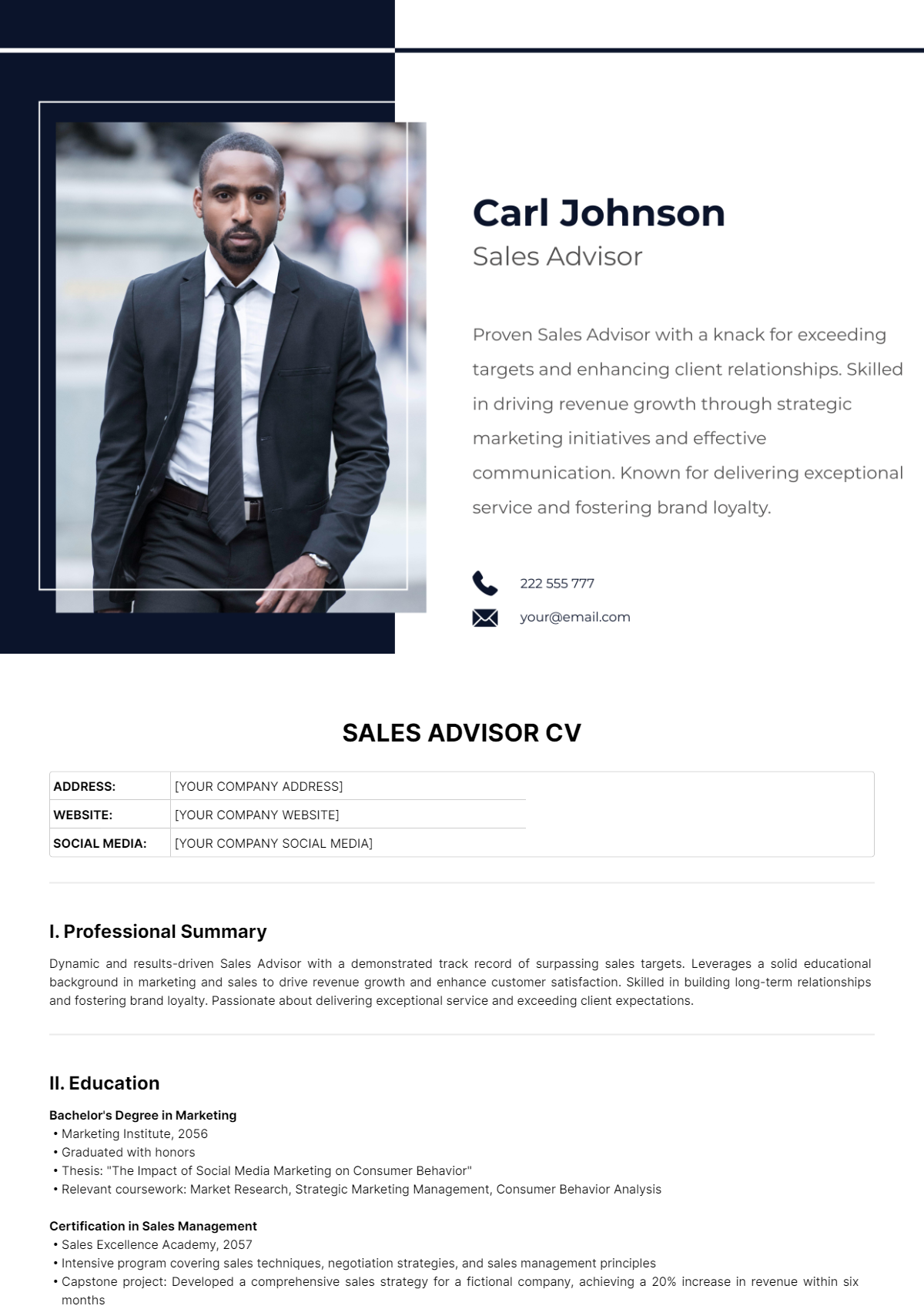 Sales Advisor CV Template - Edit Online & Download