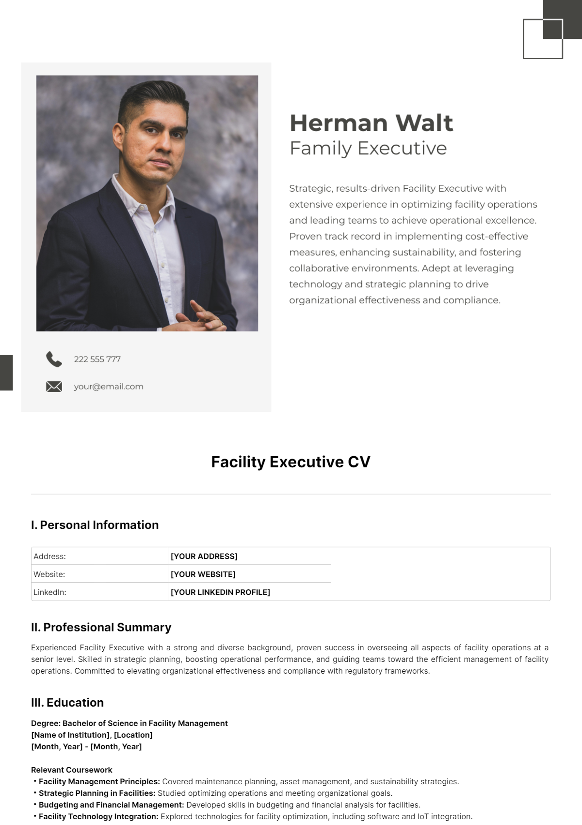 Facility Executive CV Template - Edit Online & Download