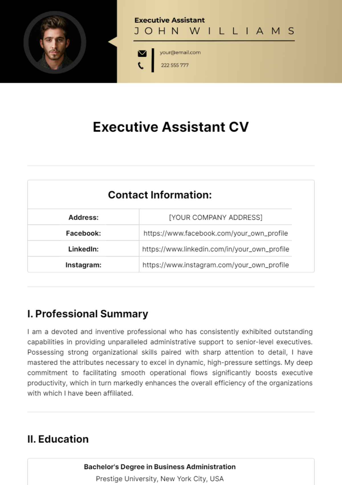 Executive Assistant CV Template - Edit Online & Download