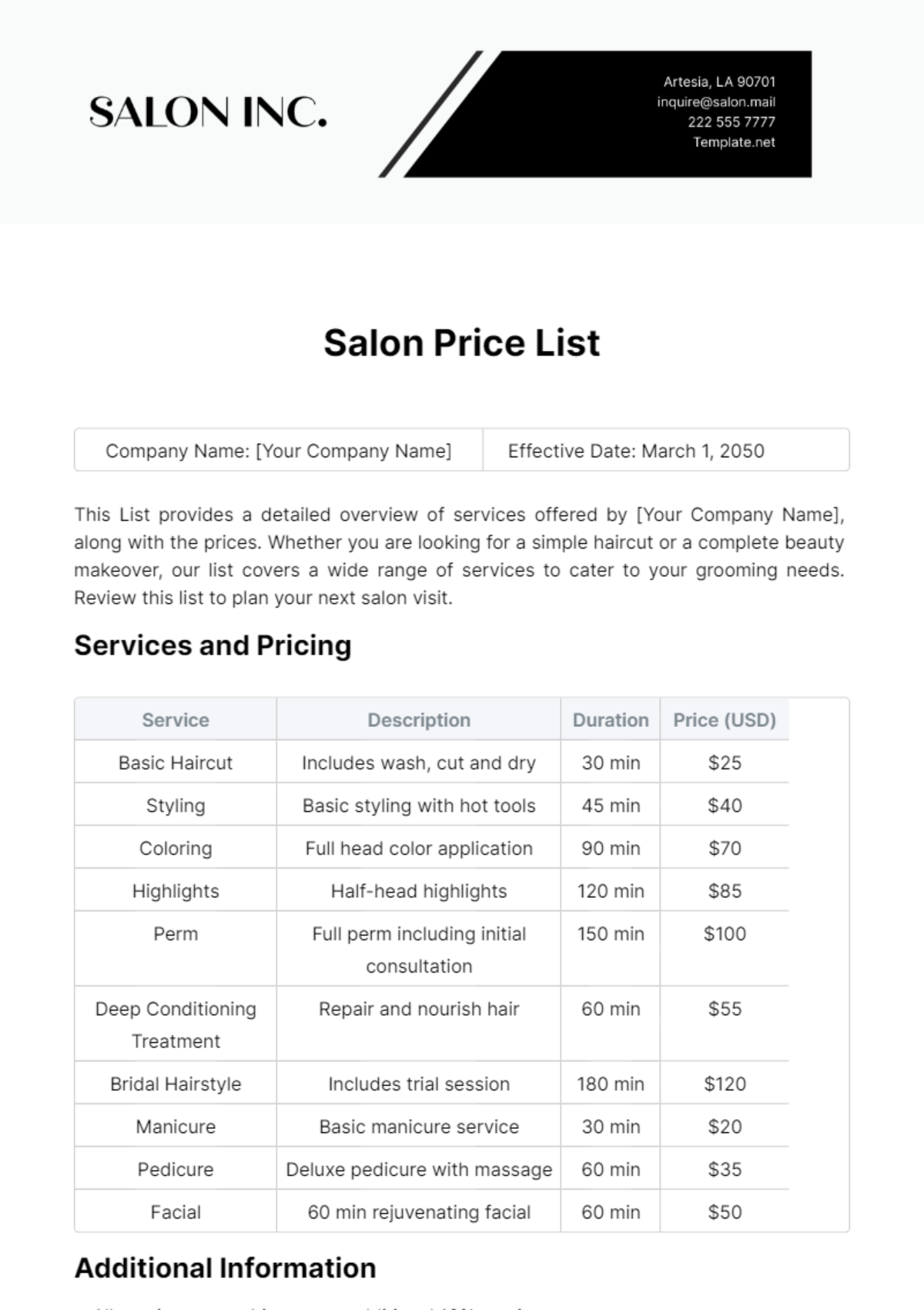 Salon Price List Template