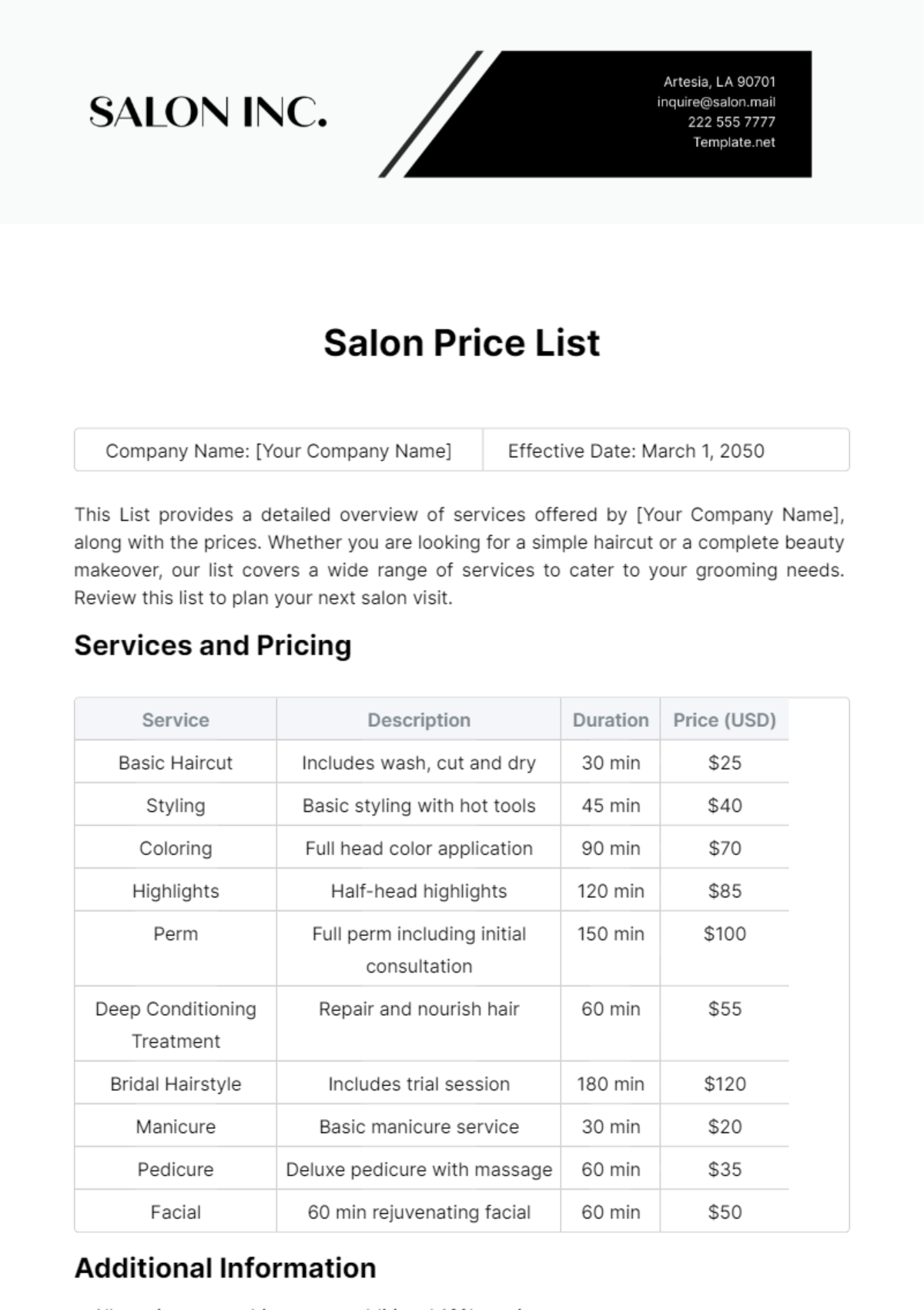 Salon Price List Template - Edit Online & Download