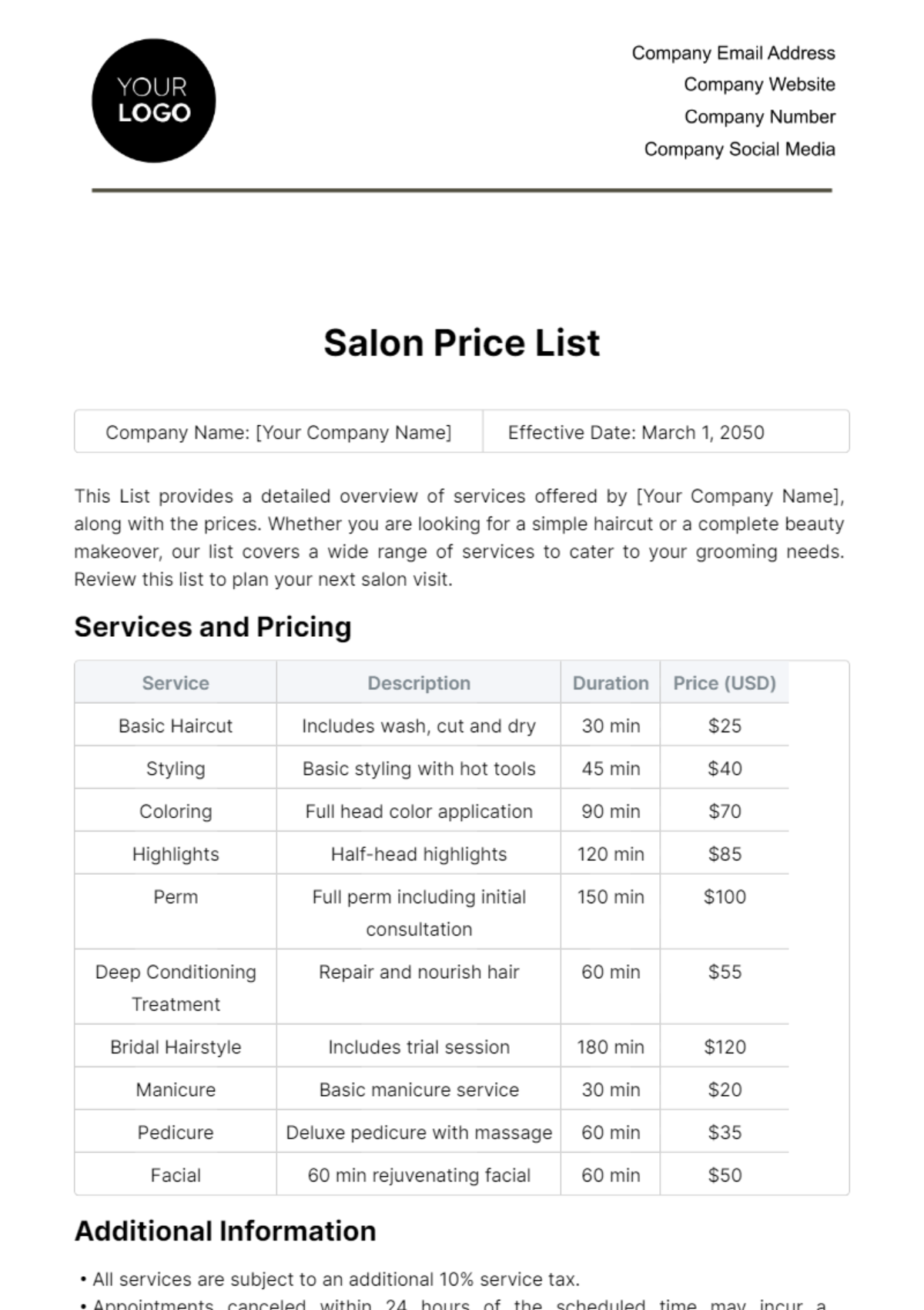 Free Salon Price List Template