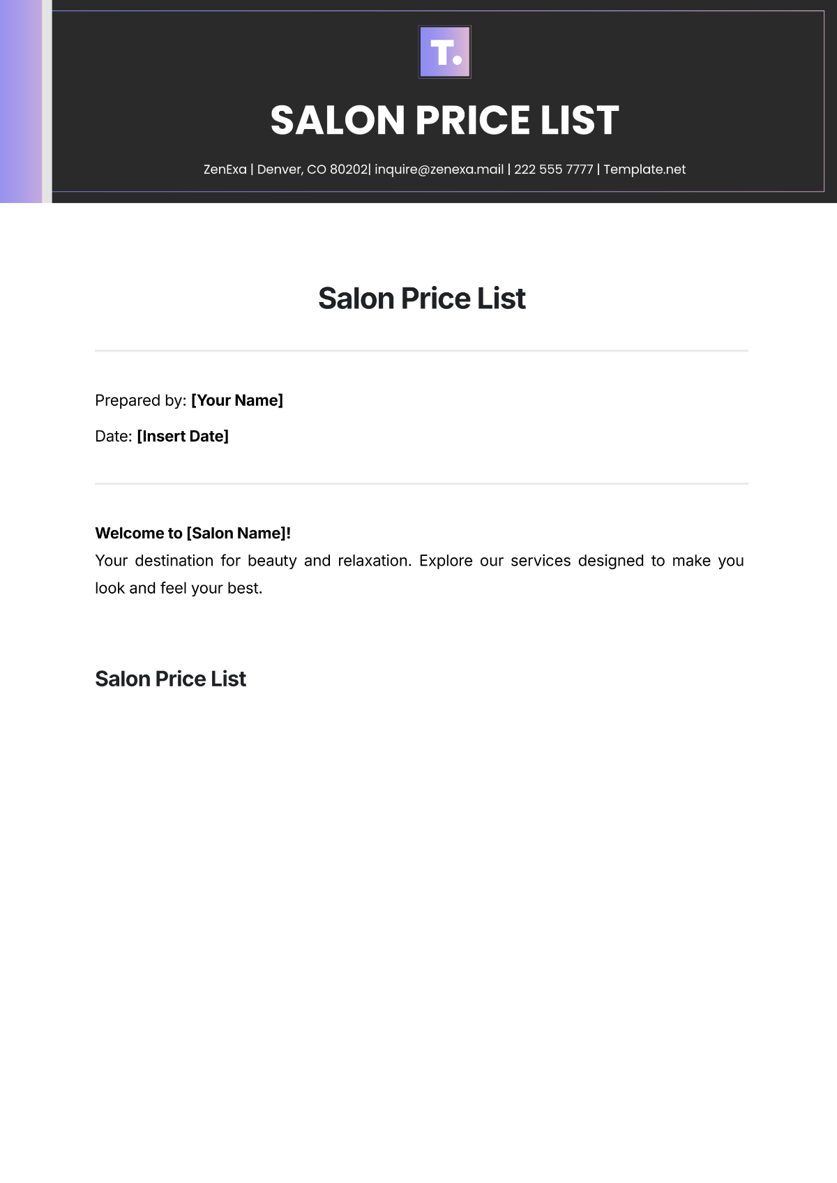 Salon Price List Template - Edit Online & Download