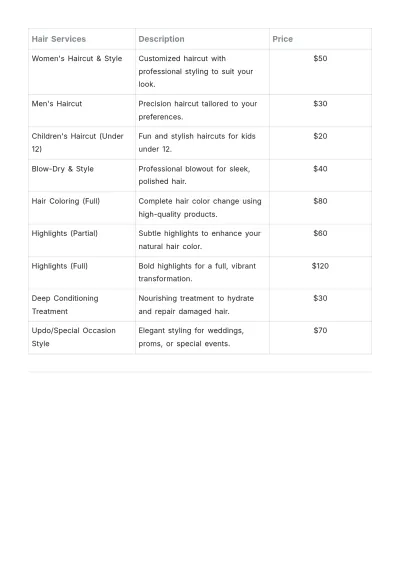 Free Salon Price List Template to Edit Online