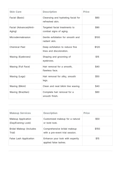 Free Salon Price List Template to Edit Online