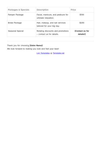 Free Salon Price List Template to Edit Online