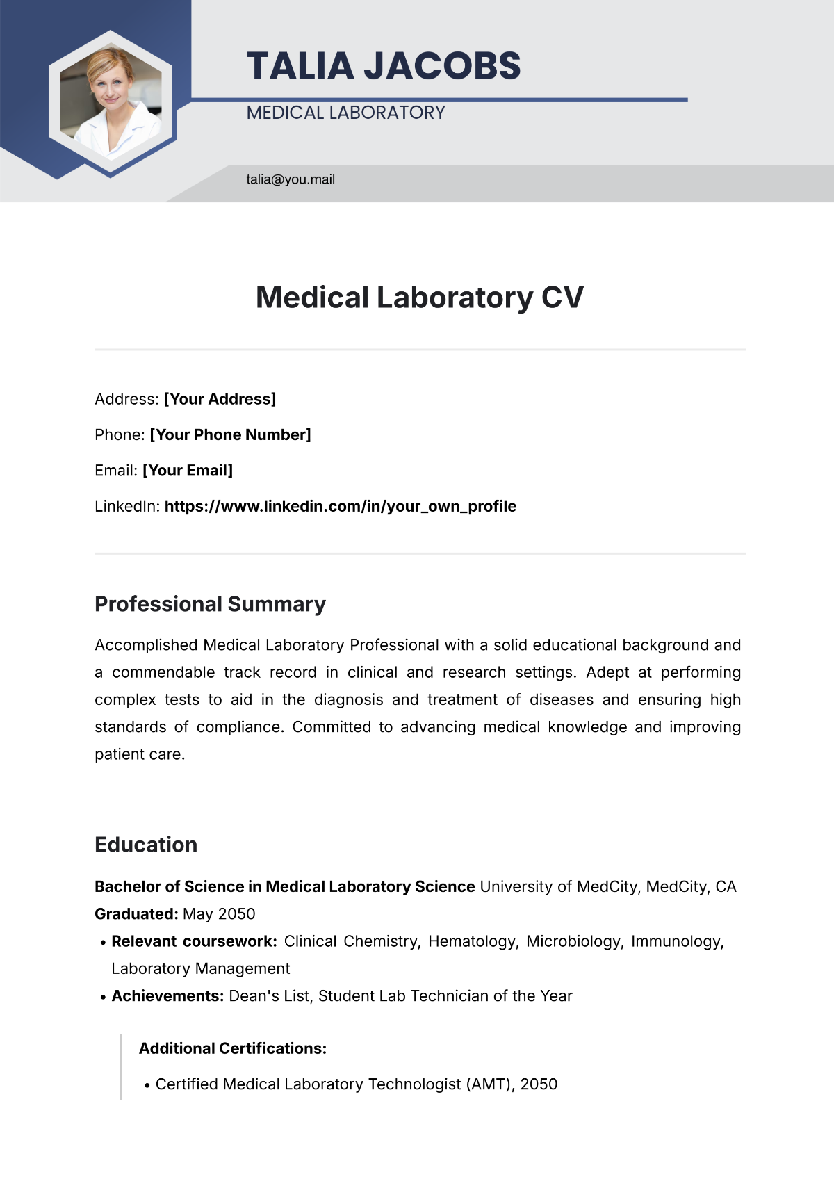 Free Medical Laboratory CV Template