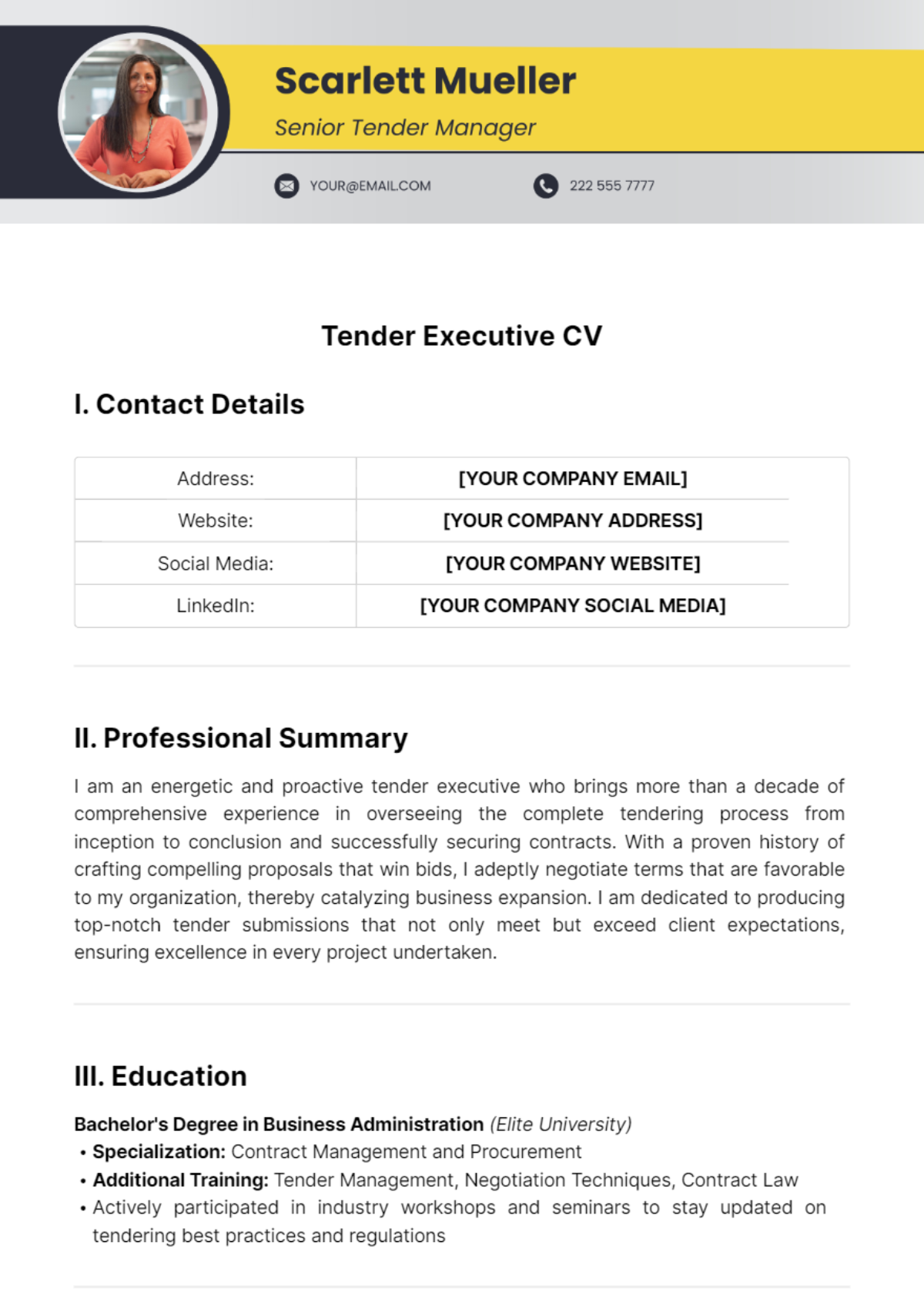 Tender Executive CV Template - Edit Online & Download