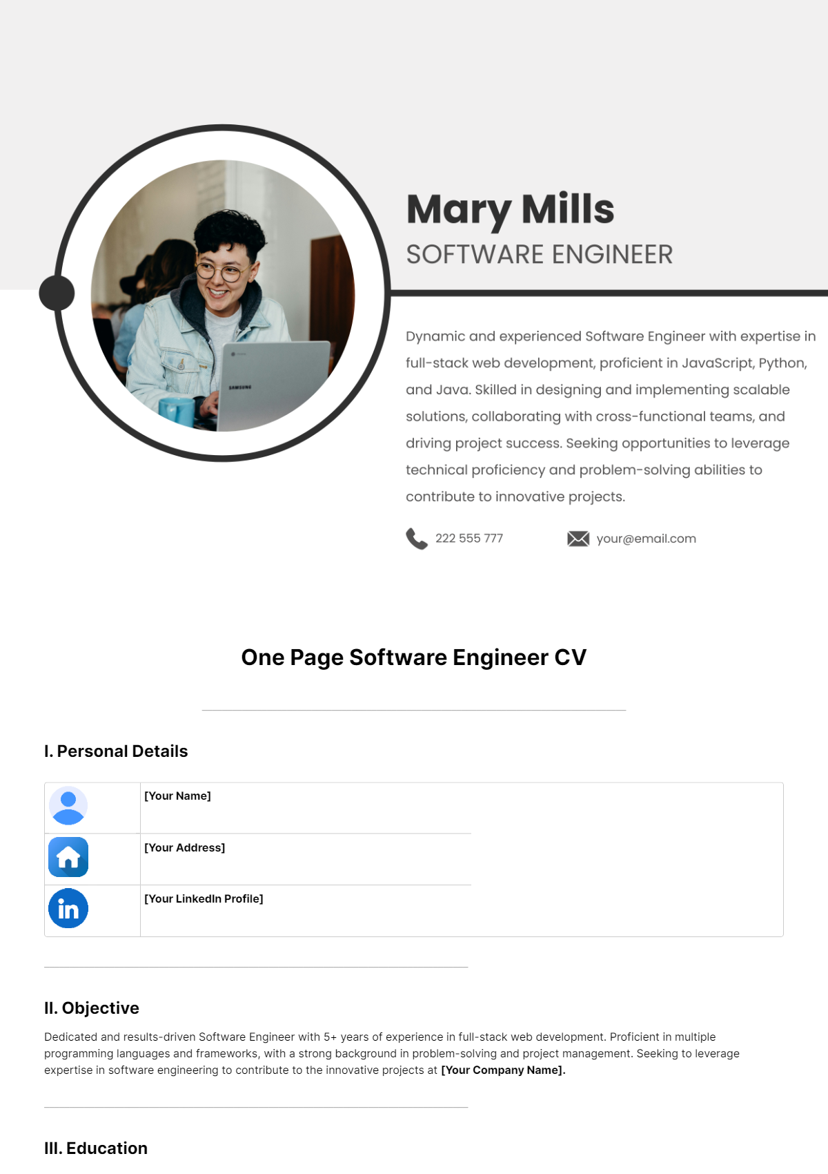 One Page Software Engineer CV Template - Edit Online & Download