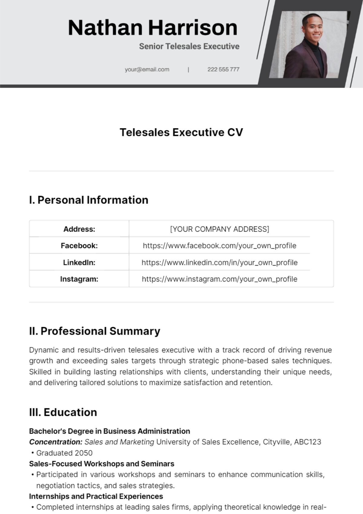 Telesales Executive CV Template - Edit Online & Download