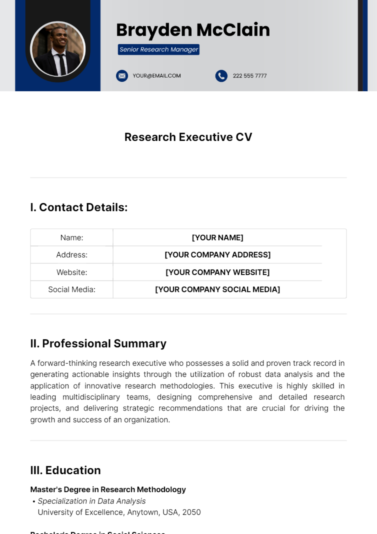 Research Executive CV Template - Edit Online & Download