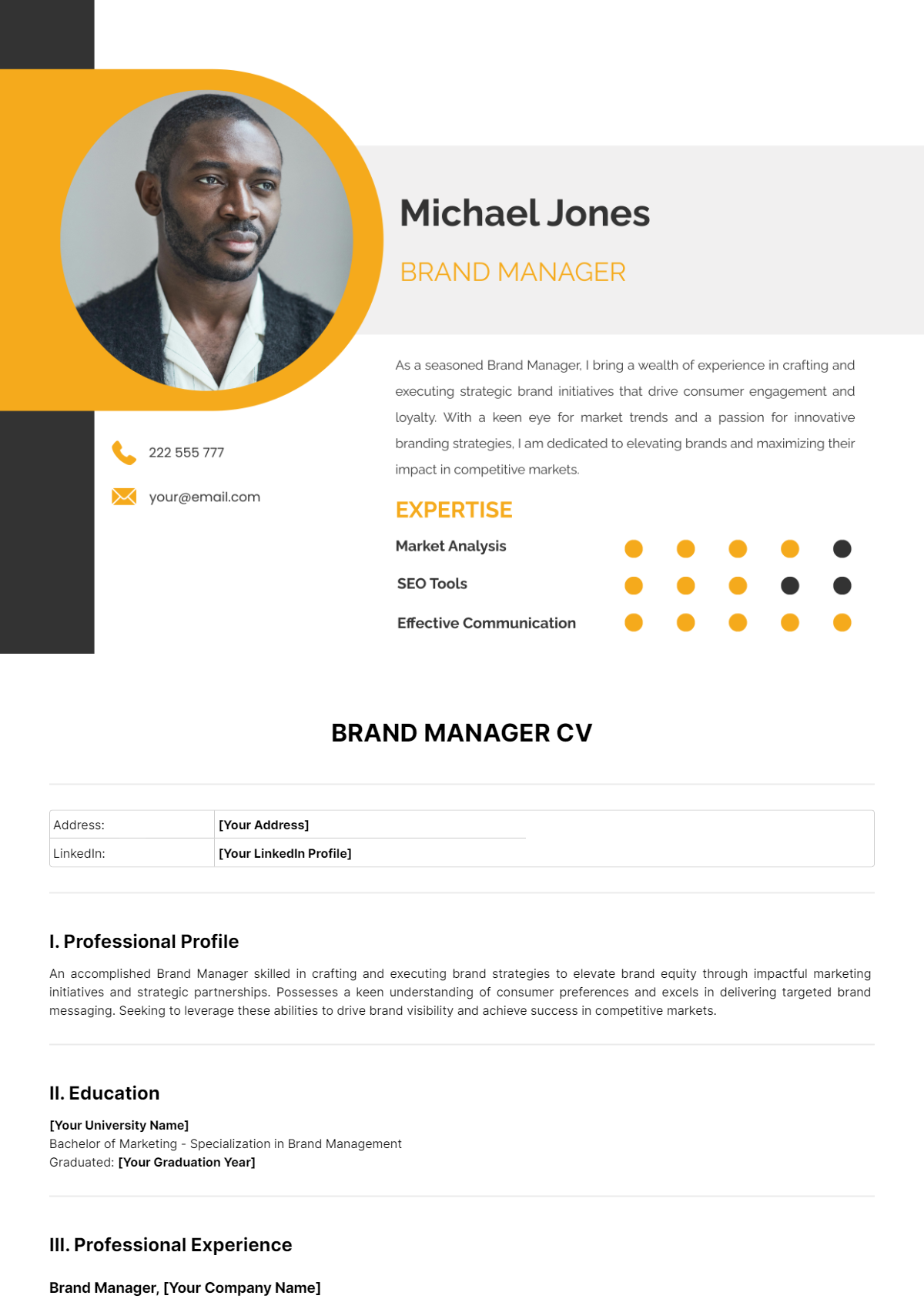 Free Brand Manager CV Template - Edit Online & Download | Template.net