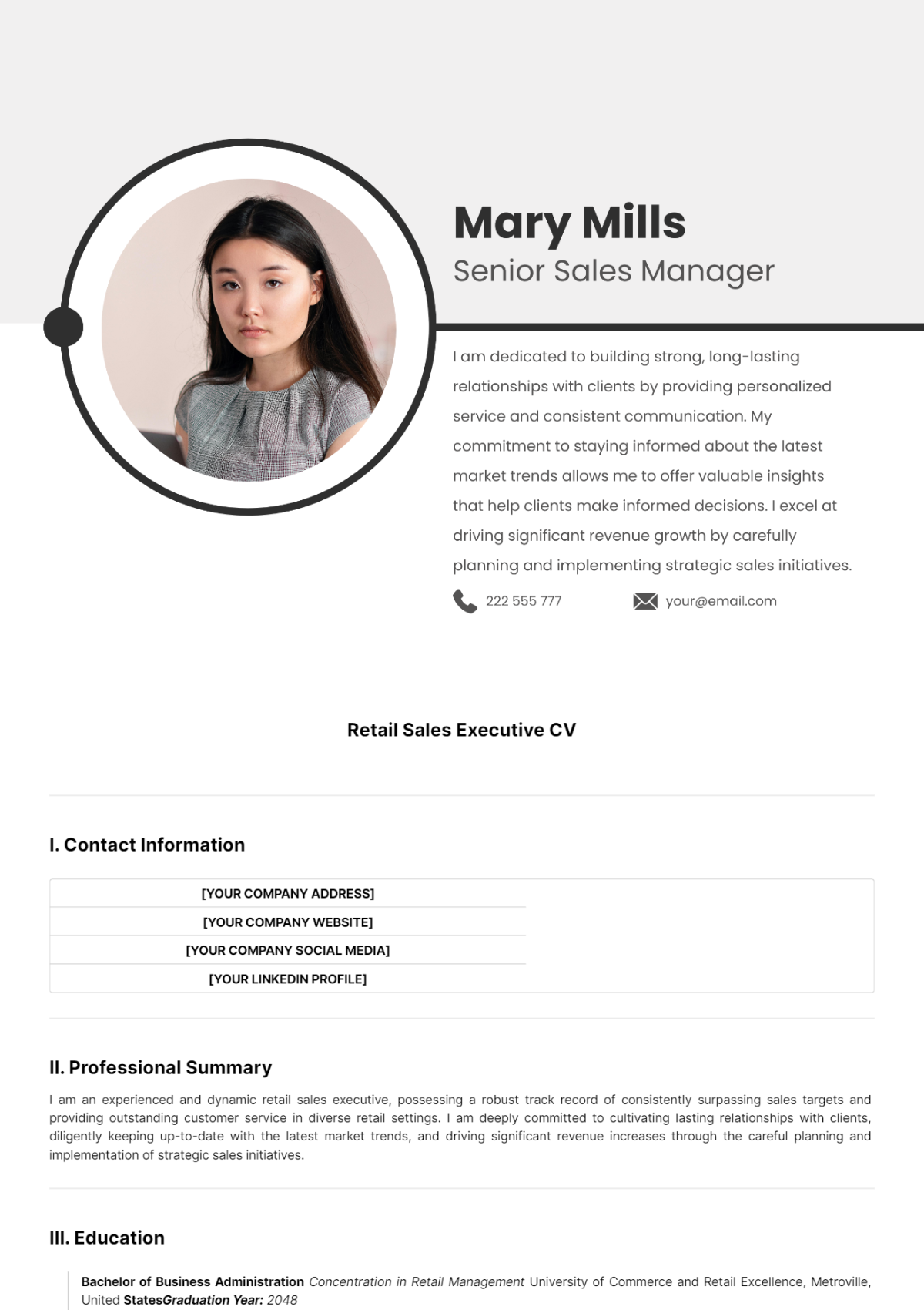 Free Retail Sales Executive CV Template to Edit Online