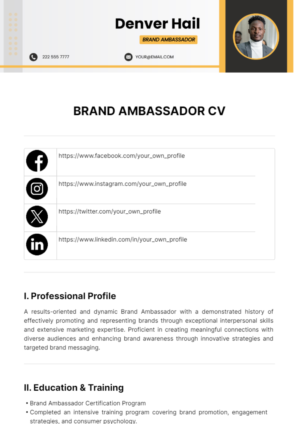 Brand Ambassador CV Template - Edit Online & Download