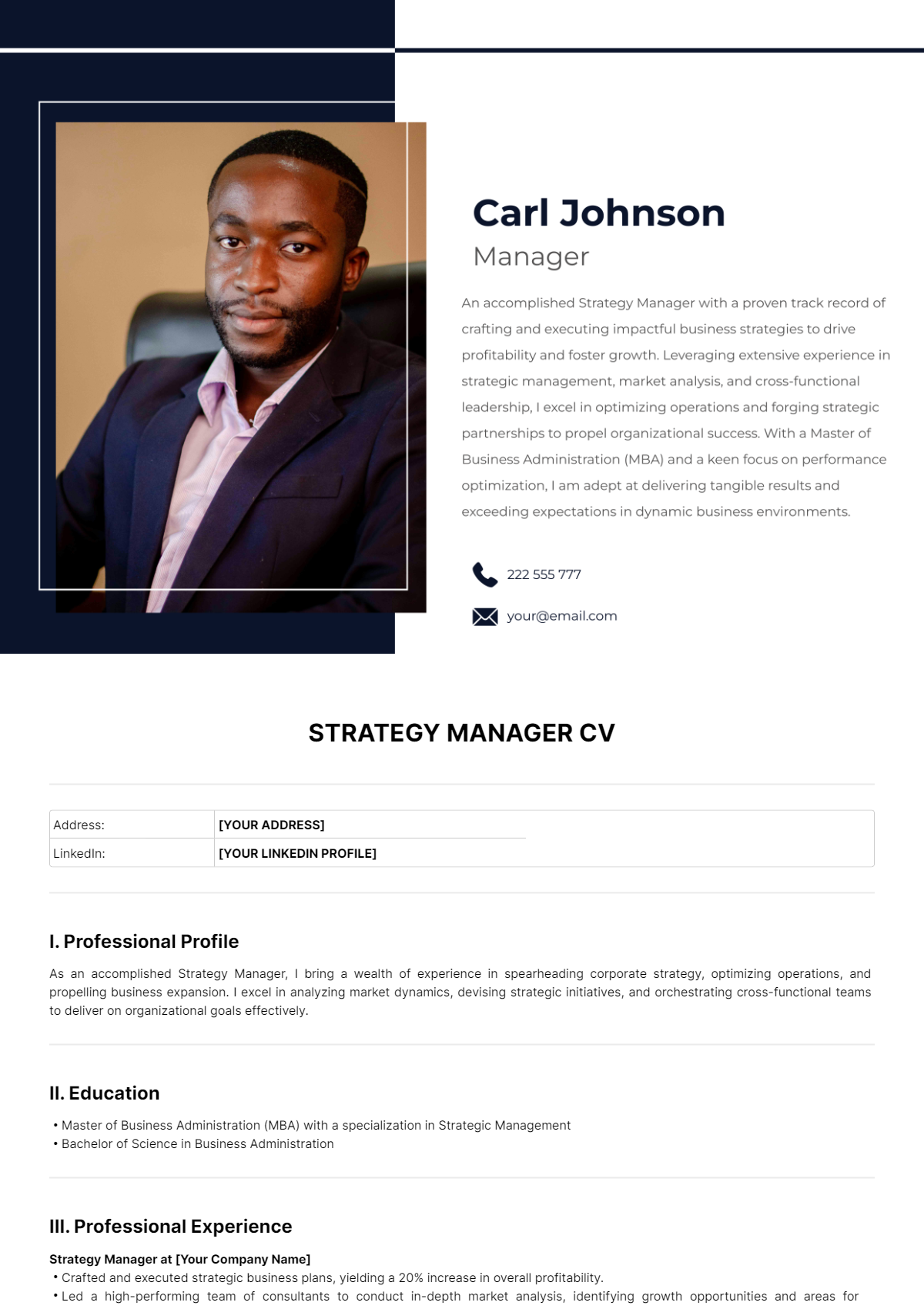 Strategy Manager CV Template - Edit Online & Download