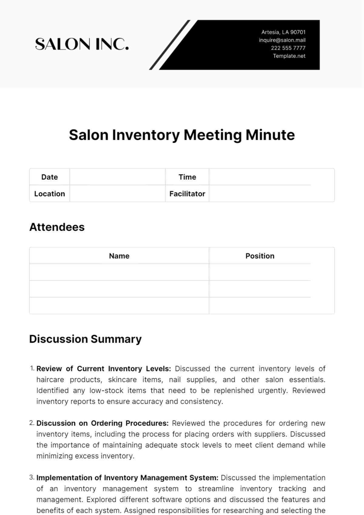 Salon Inventory Meeting Minute Template