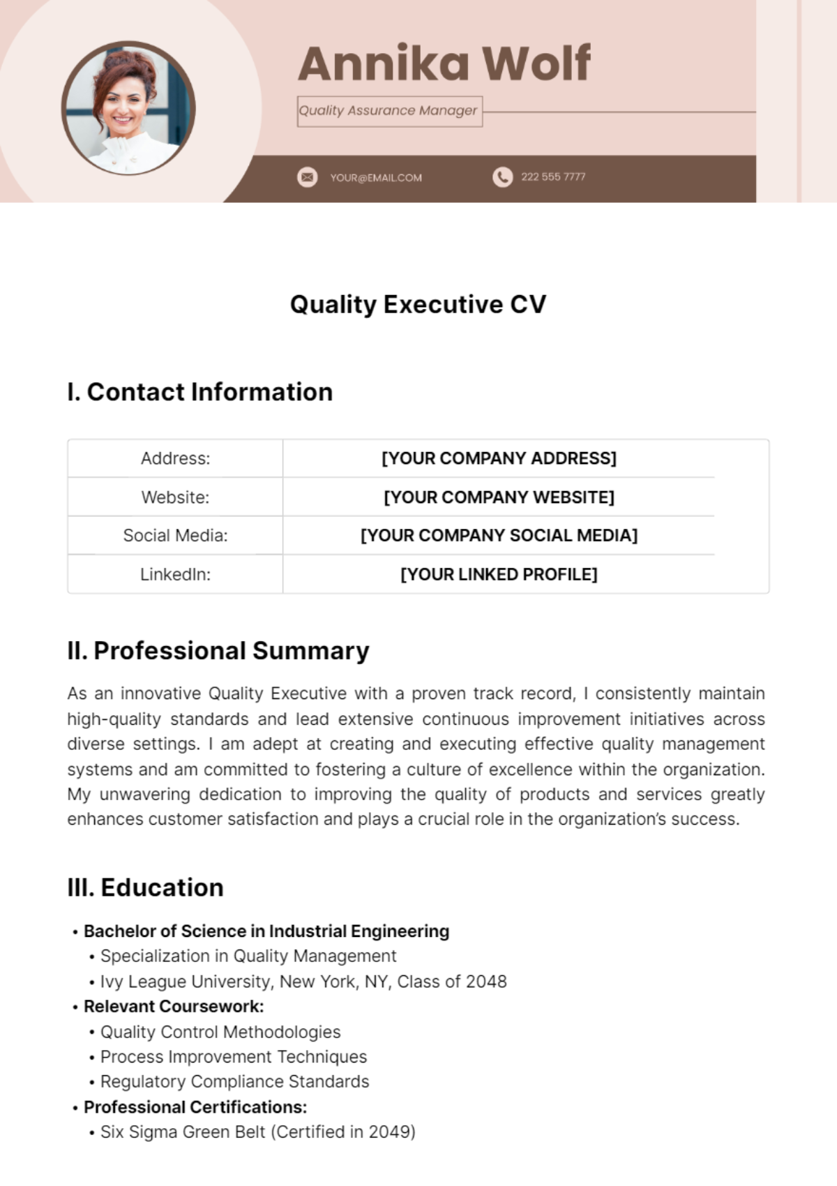 Quality Executive CV Template - Edit Online & Download