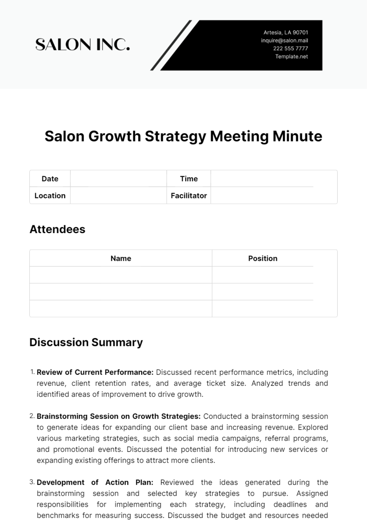 Salon Growth Strategy Meeting Minute Template