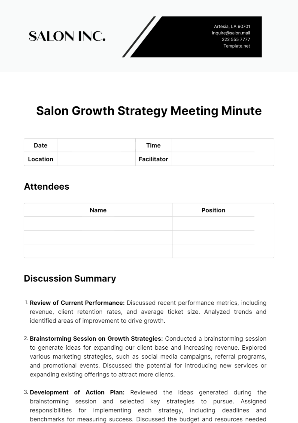 Salon Growth Strategy Meeting Minute Template - Edit Online & Download