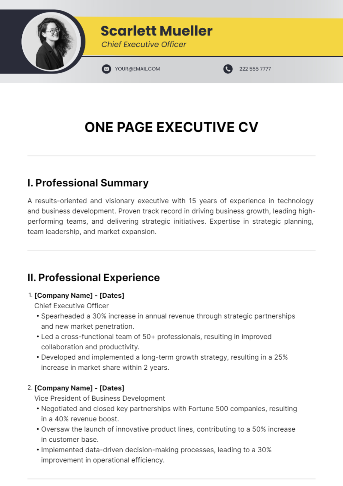 One Page Executive CV Template - Edit Online & Download