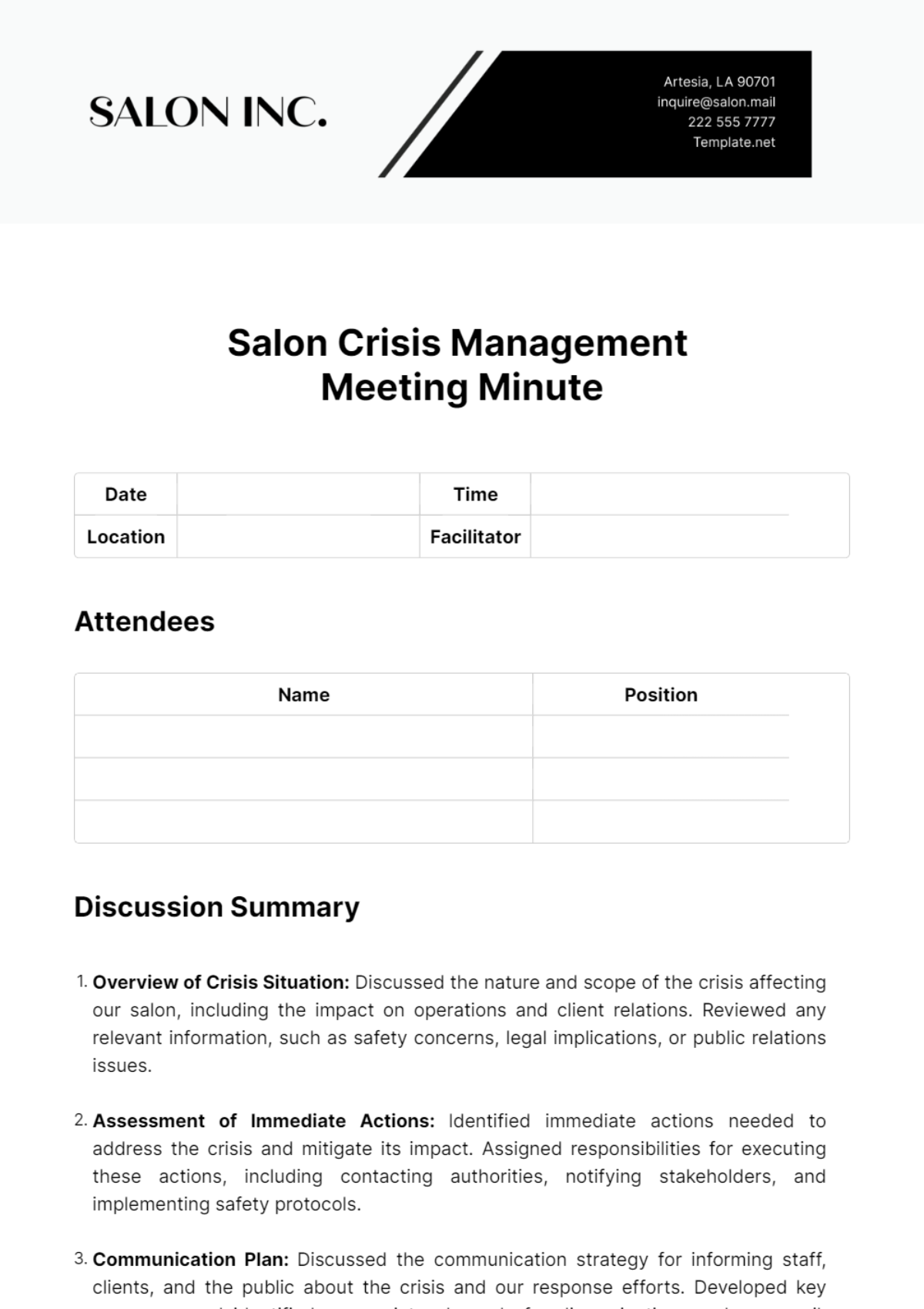 Salon Crisis Management Meeting Minute Template