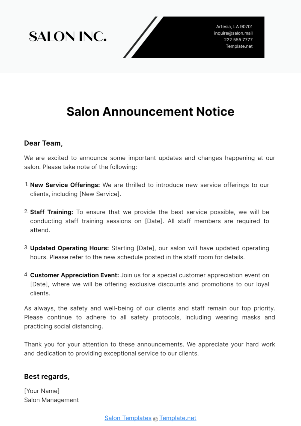 Salon Announcement Notice Template