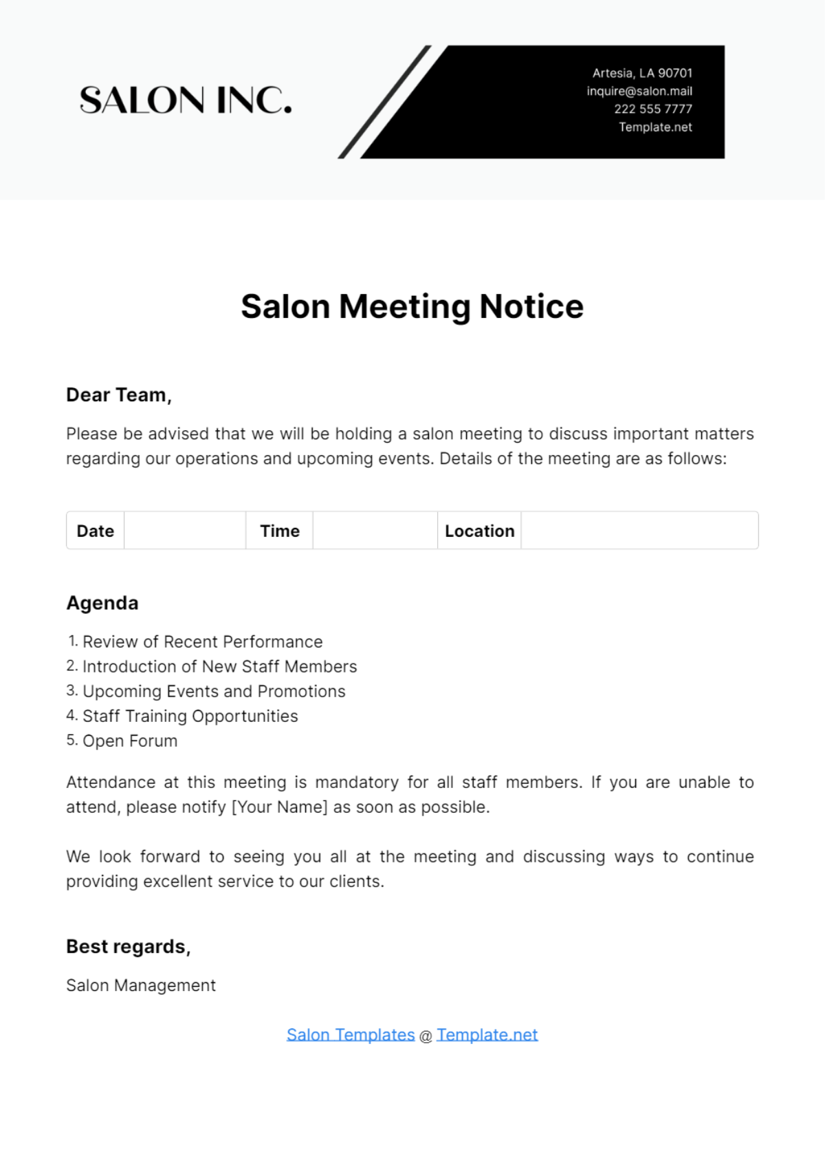 Salon Meeting Notice Template