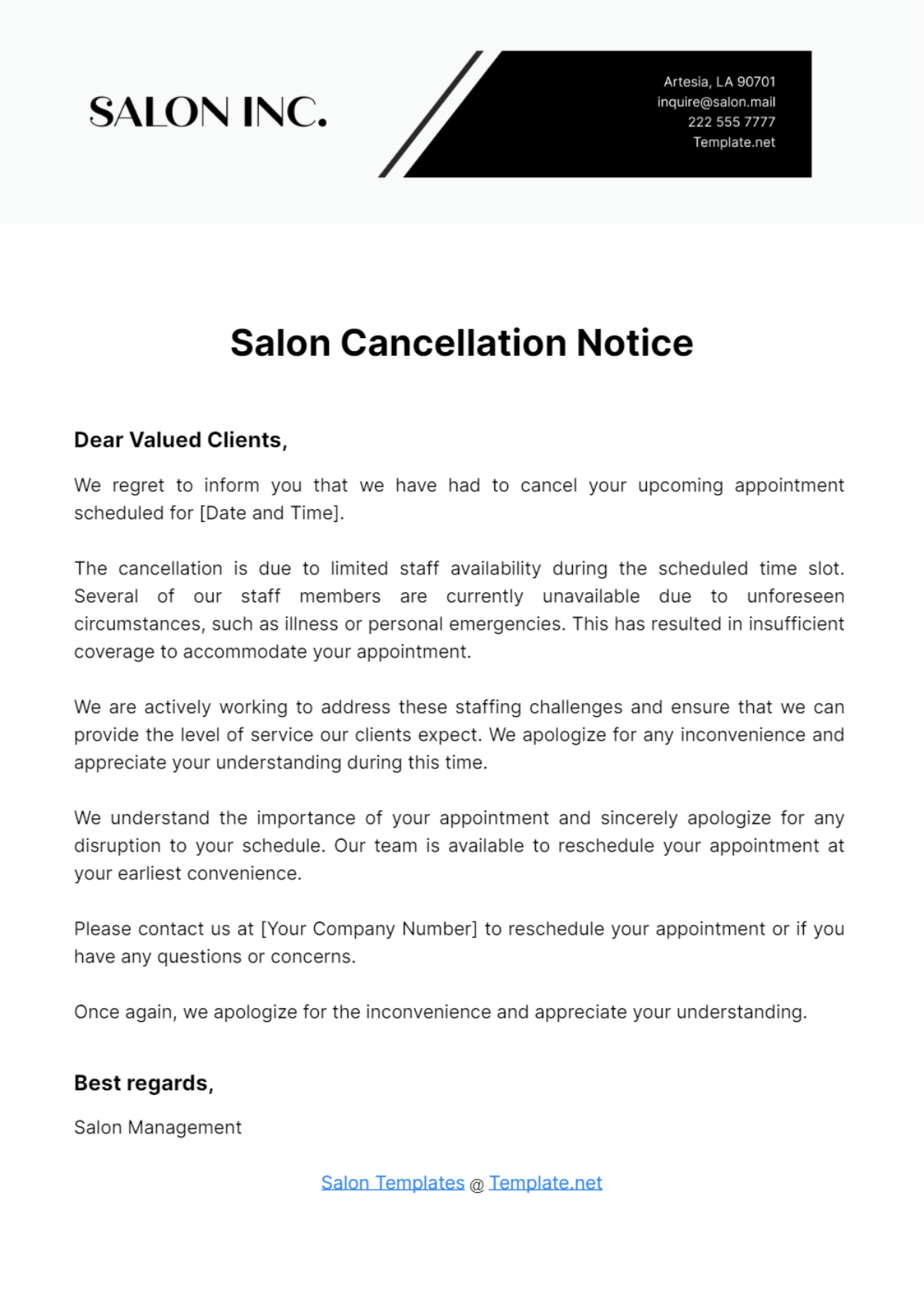 Salon Cancellation Notice Template
