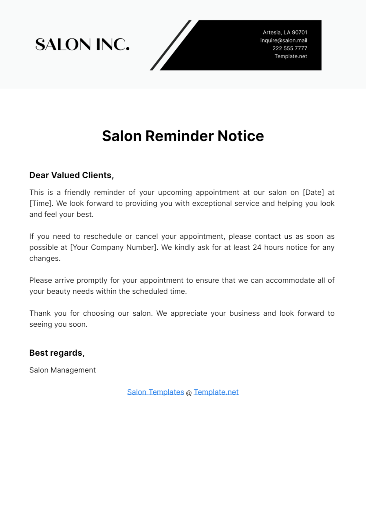 Salon Reminder Notice Template