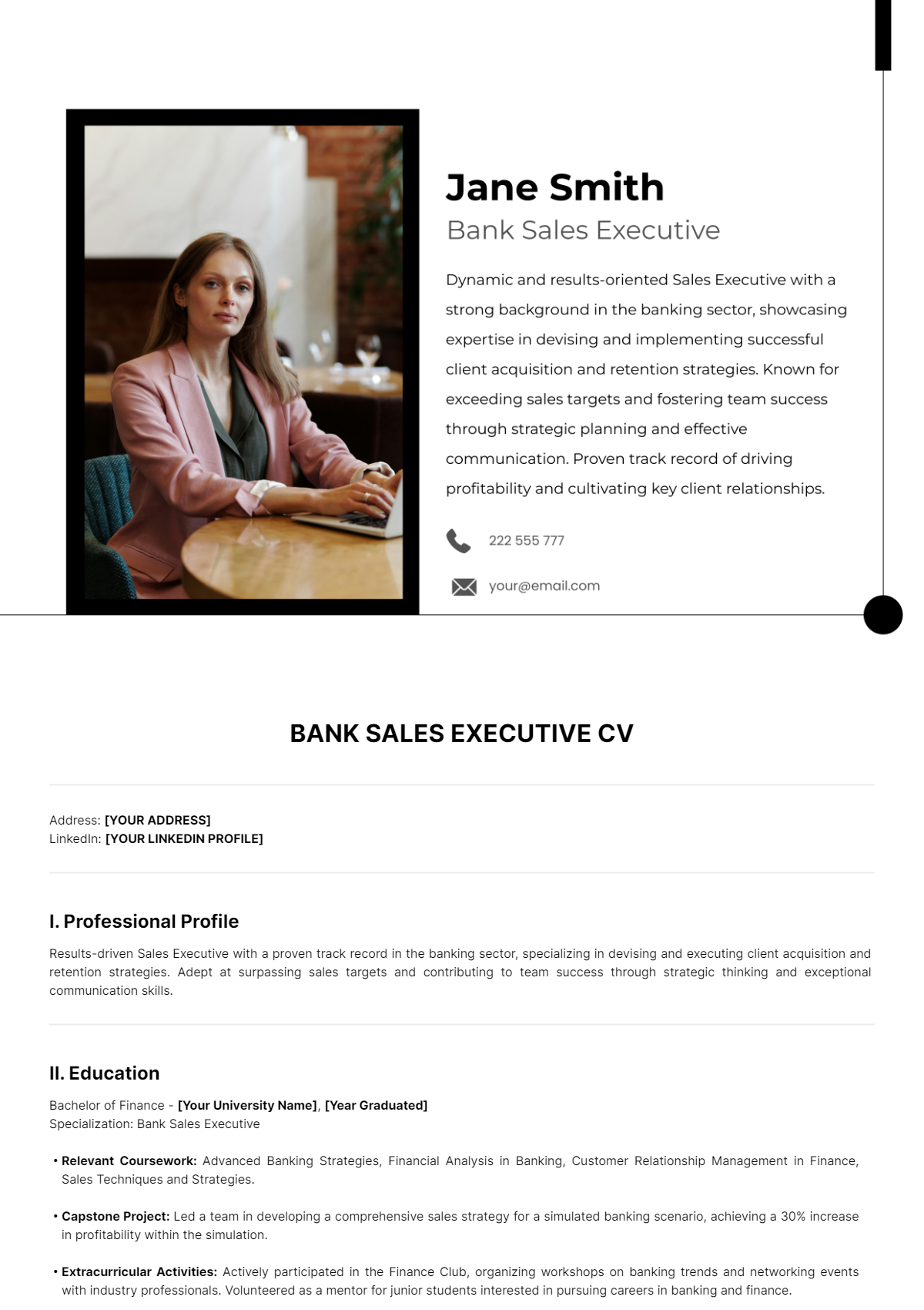 Bank Sales Executive CV Template - Edit Online & Download