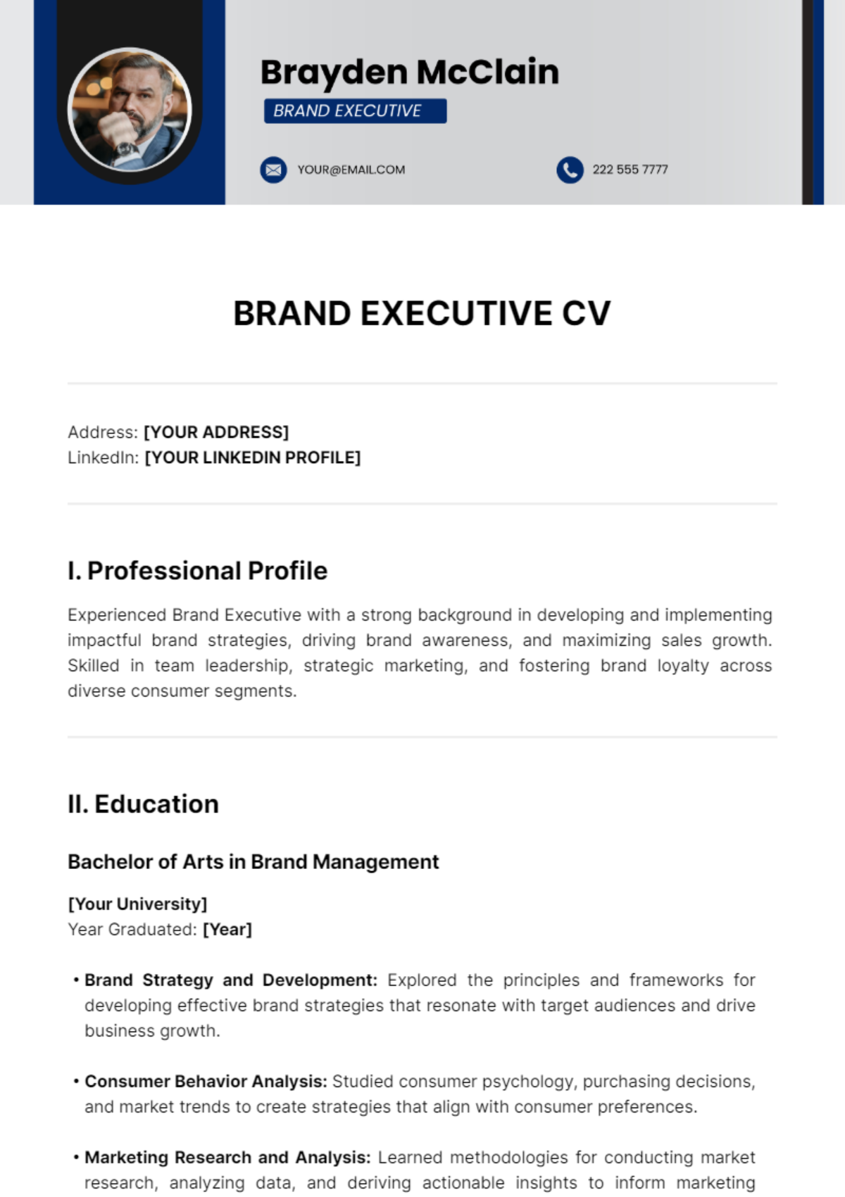 Brand Executive CV Template - Edit Online & Download