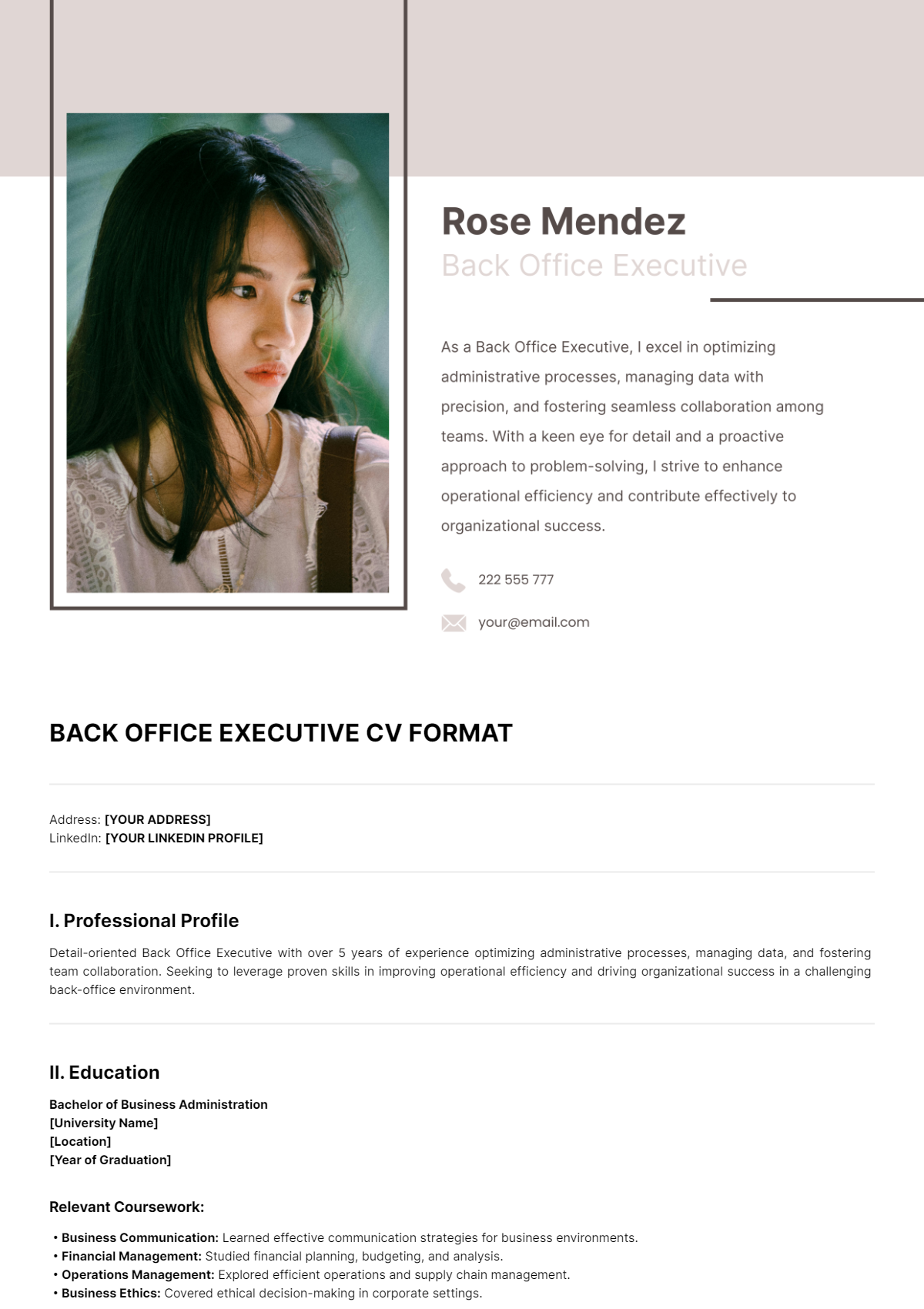 Back Office Executive CV Format Template - Edit Online & Download