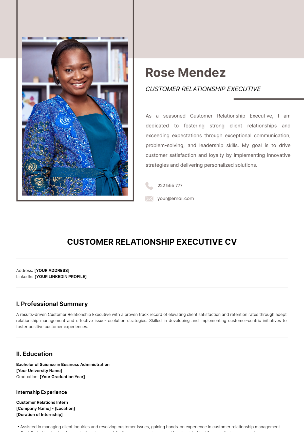 Customer Relationship Executive CV Template - Edit Online & Download