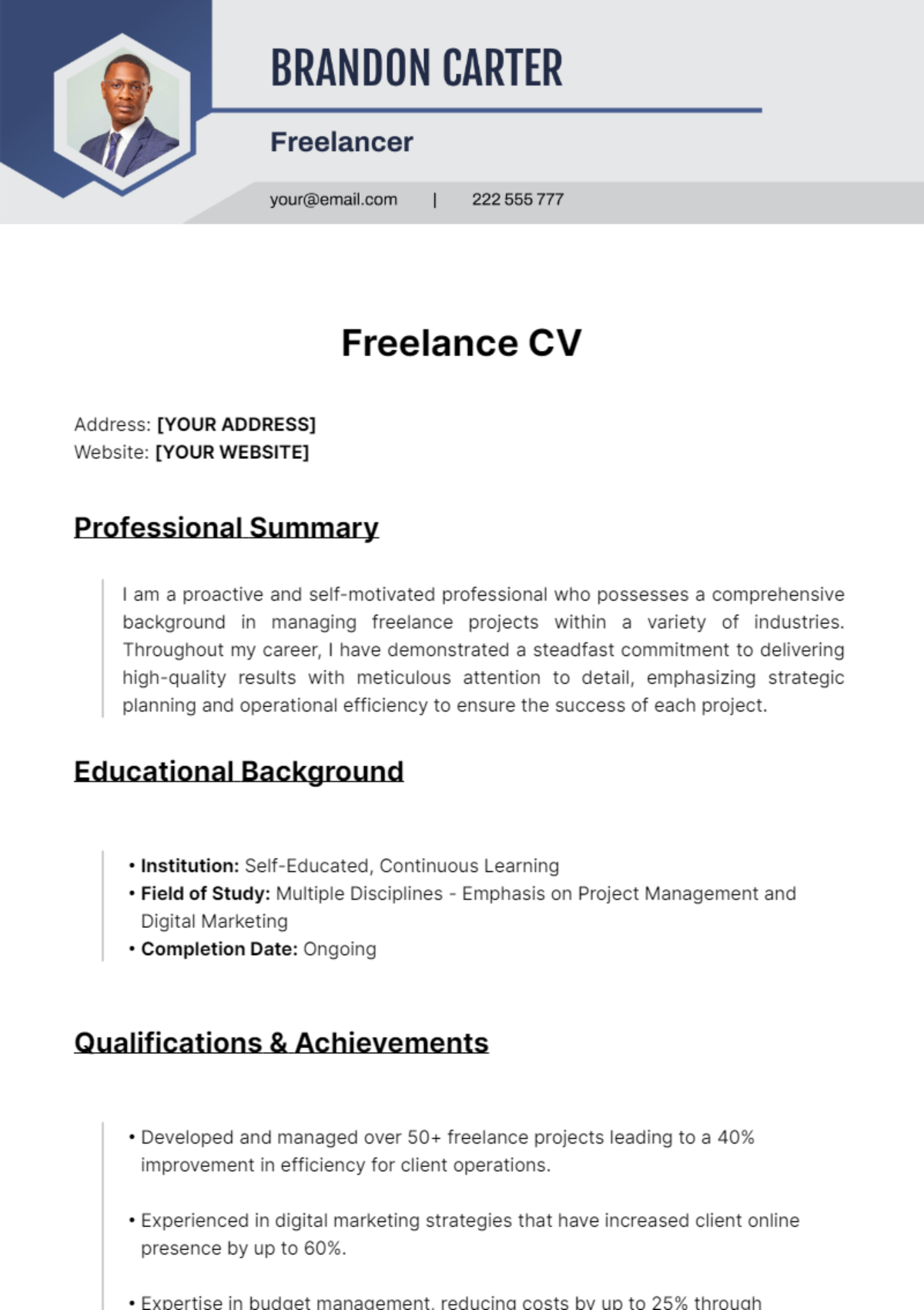 Freelance CV Template - Edit Online & Download