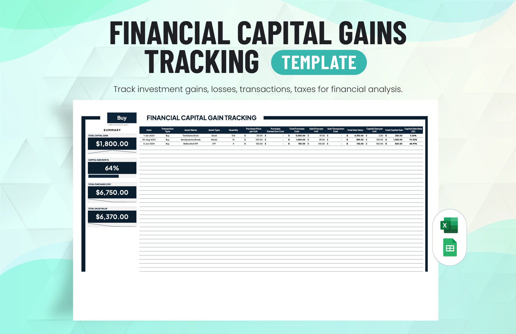 Financial Capital Gains Tracking Template in Excel, Google Sheets