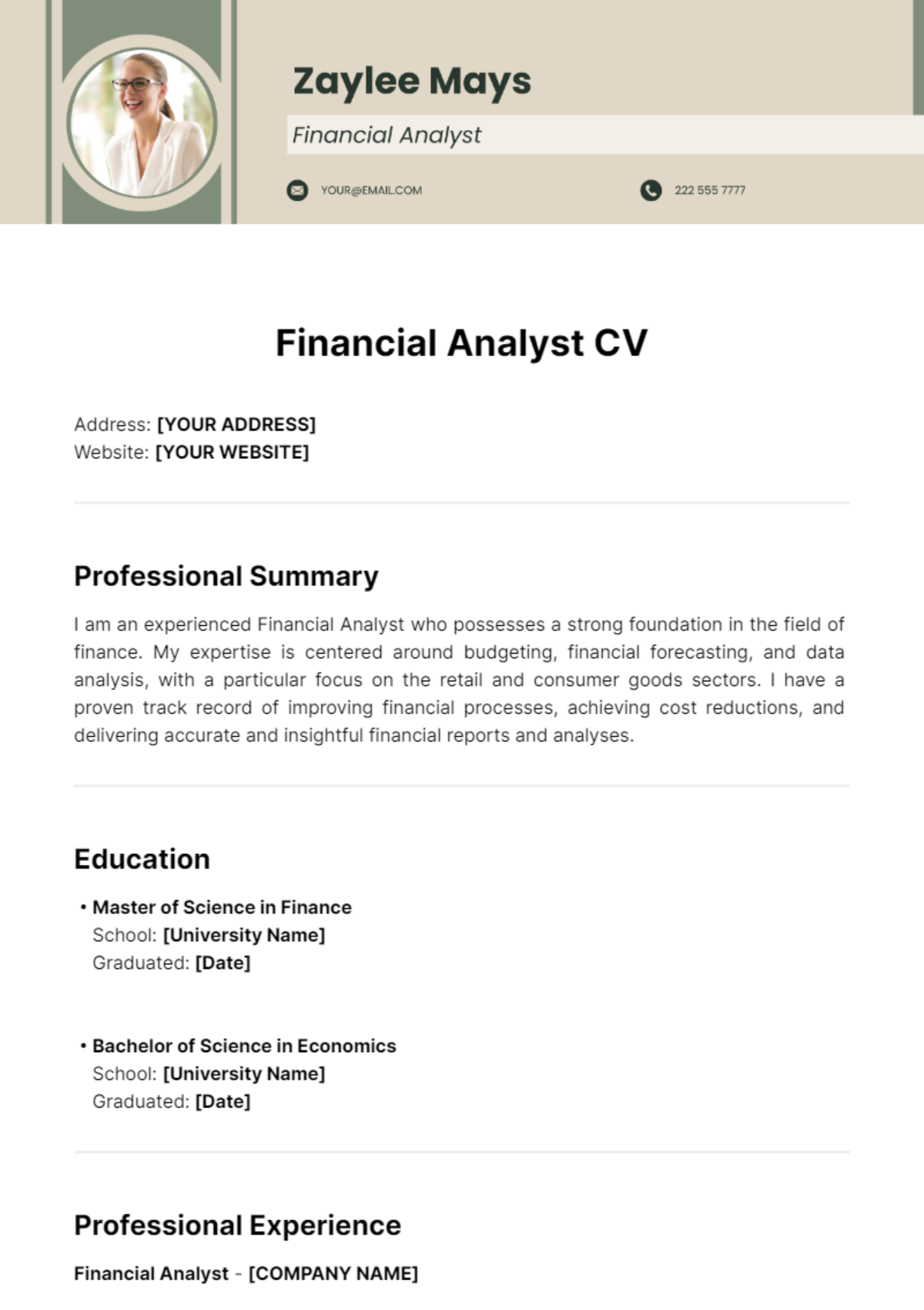 Financial Analyst CV Template - Edit Online & Download