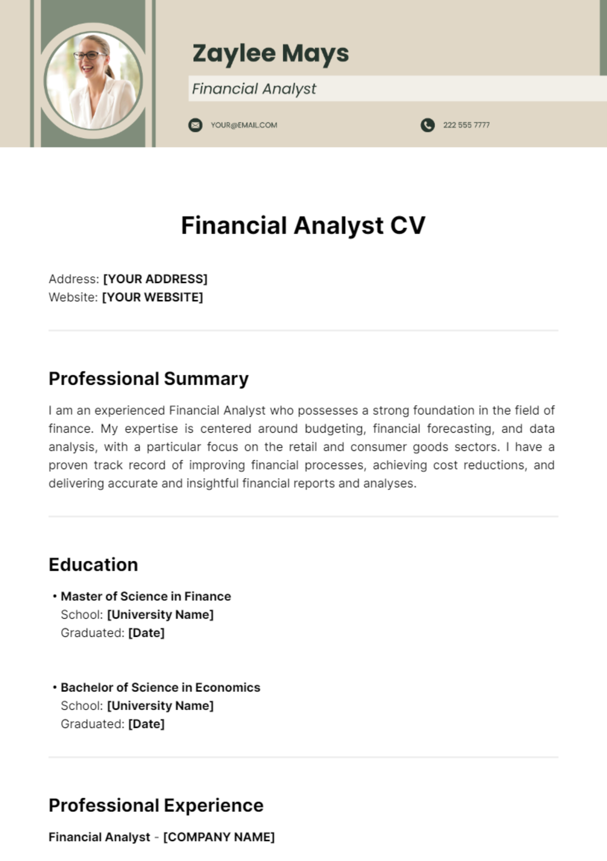 Free Financial Analyst CV Template To Edit Online Free Financial Analyst CV Template To Edit Online