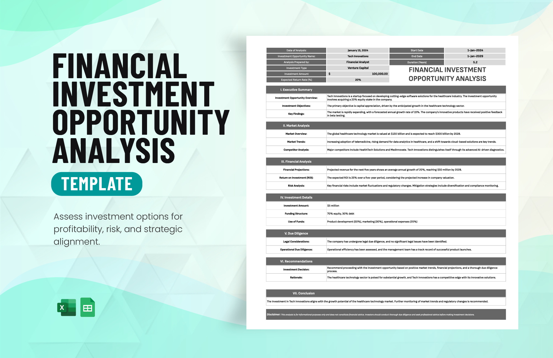 Financial Investment Opportunity Analysis Template in Excel, Google Sheets