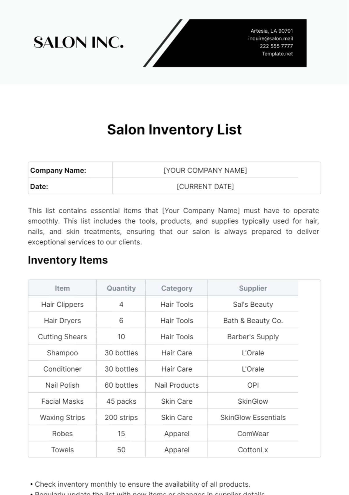 Salon Inventory List Template