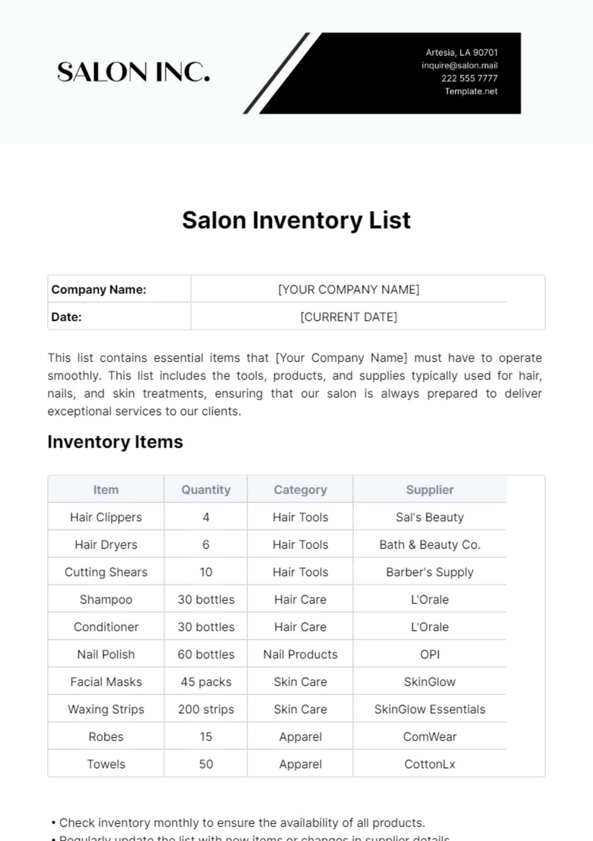 Salon Inventory List Template - Edit Online & Download