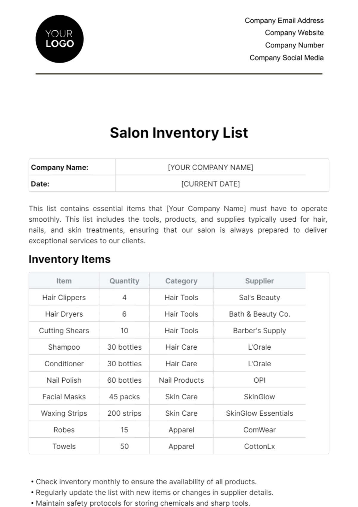 Free Salon Inventory List Template