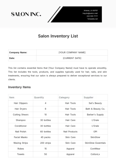 Free Salon Inventory List Template to Edit Online
