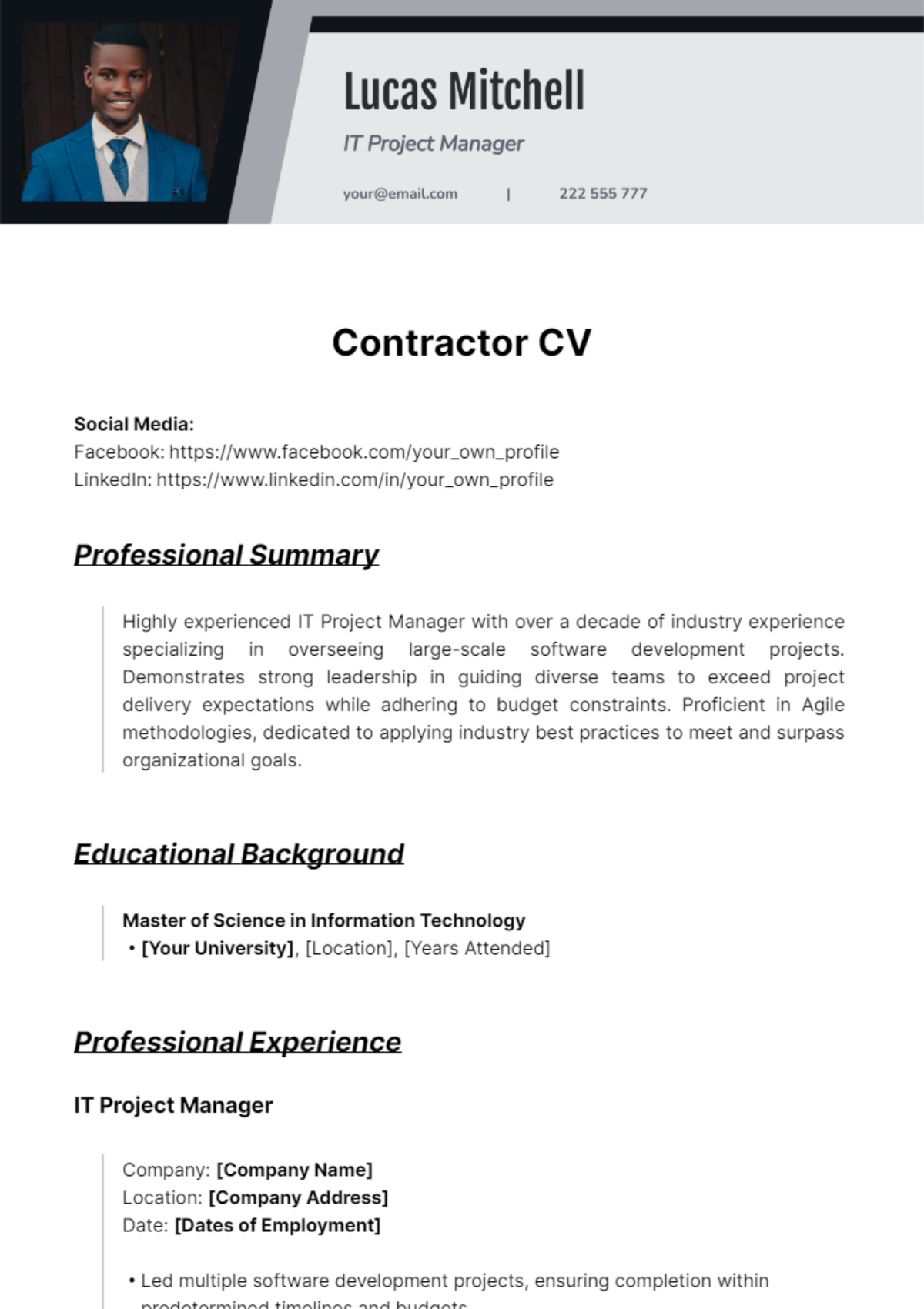 Contractor CV Template - Edit Online & Download