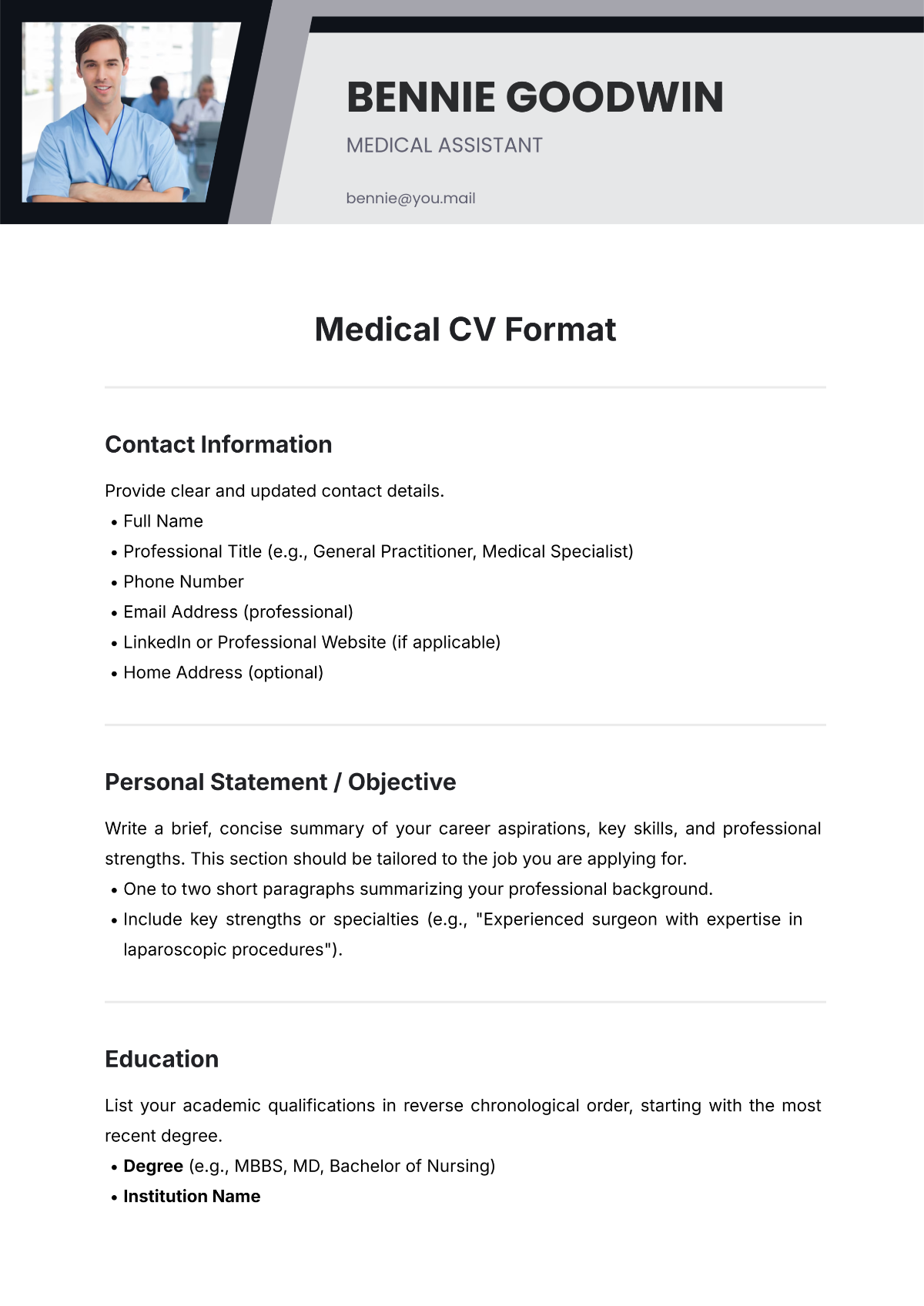 Free Medical CV Format Template